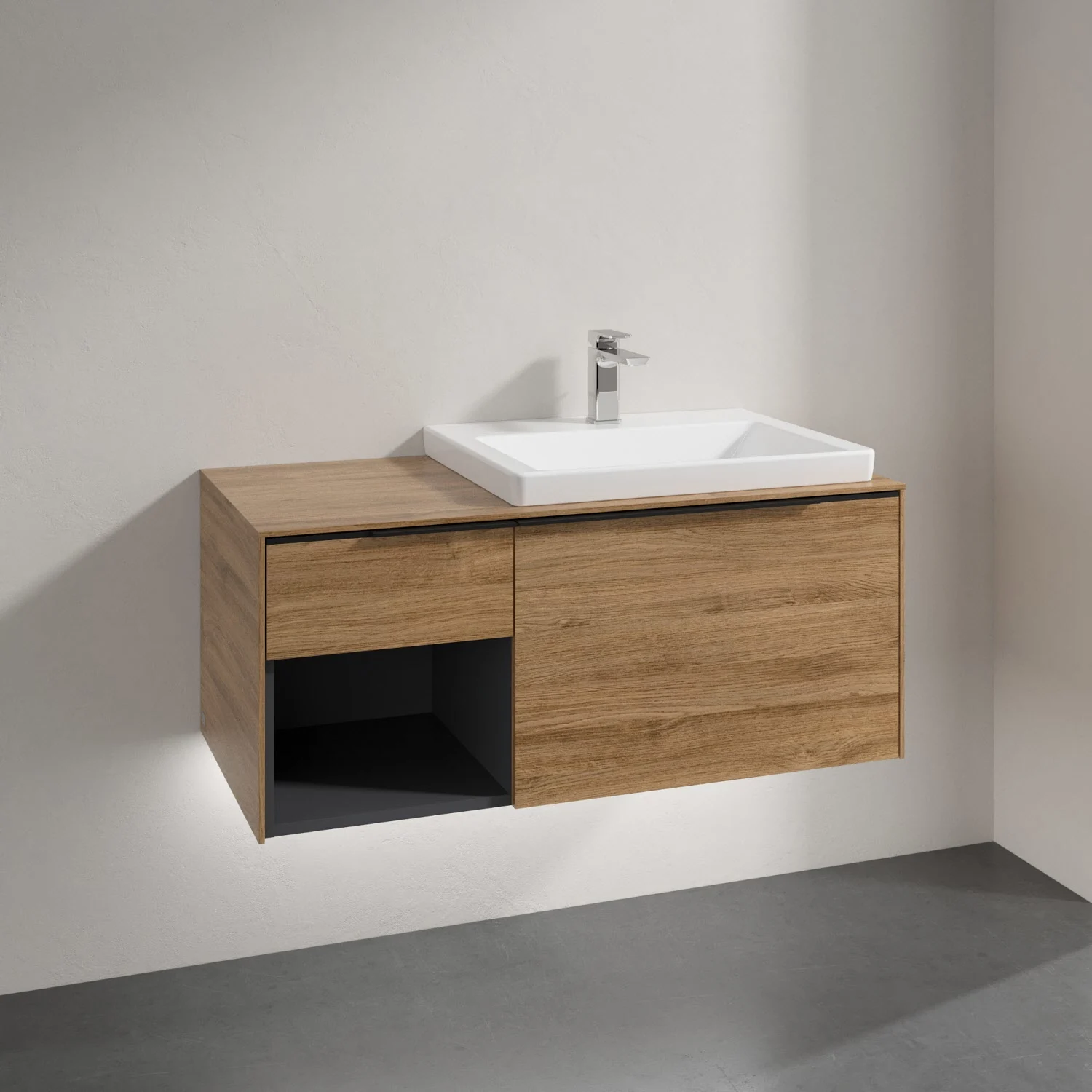 Szafka pod umywalkę w kolorze drewna w zbliżeniu, Villeroy & Boch