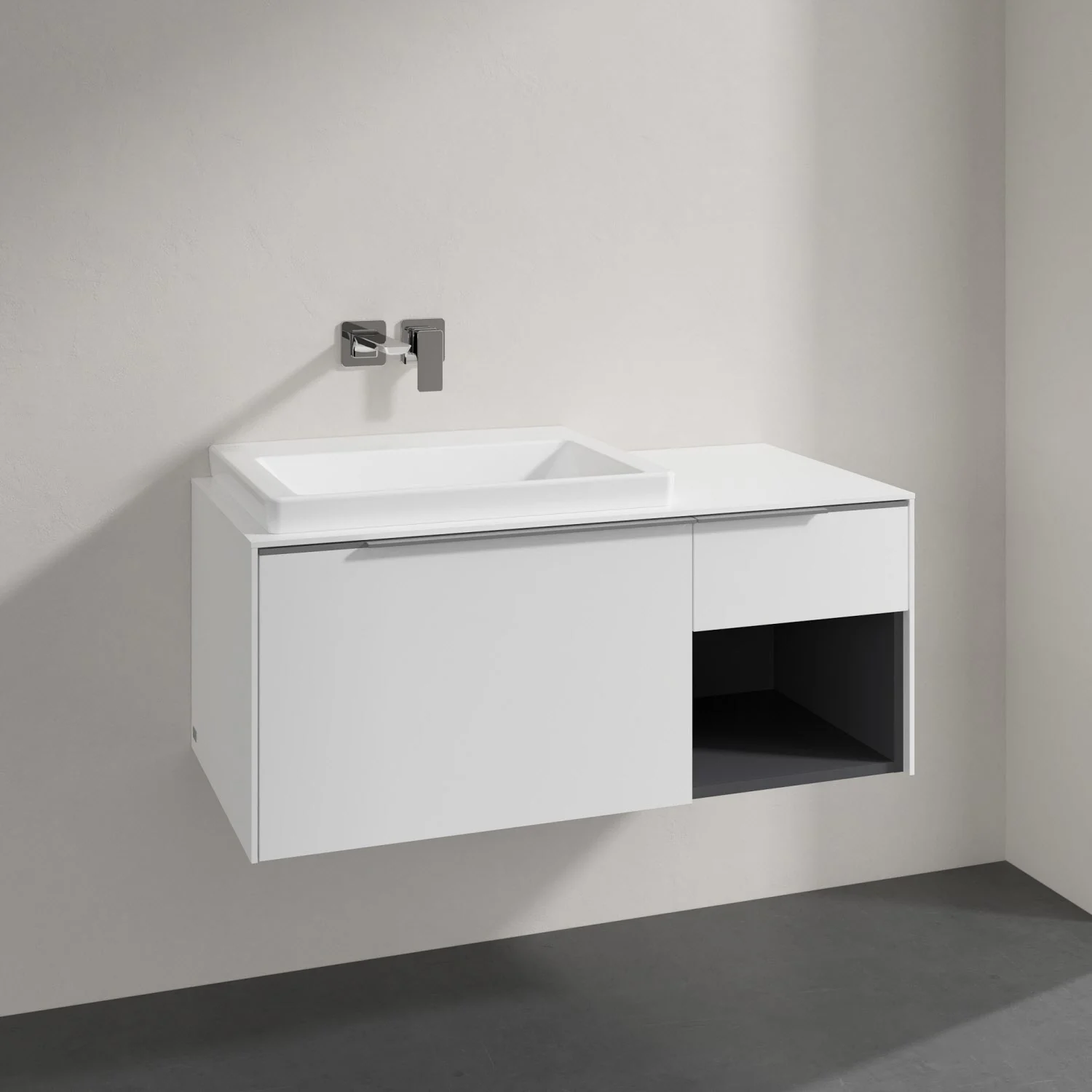 Biała umywalka z szafką zbliżenie, Villeroy & Boch