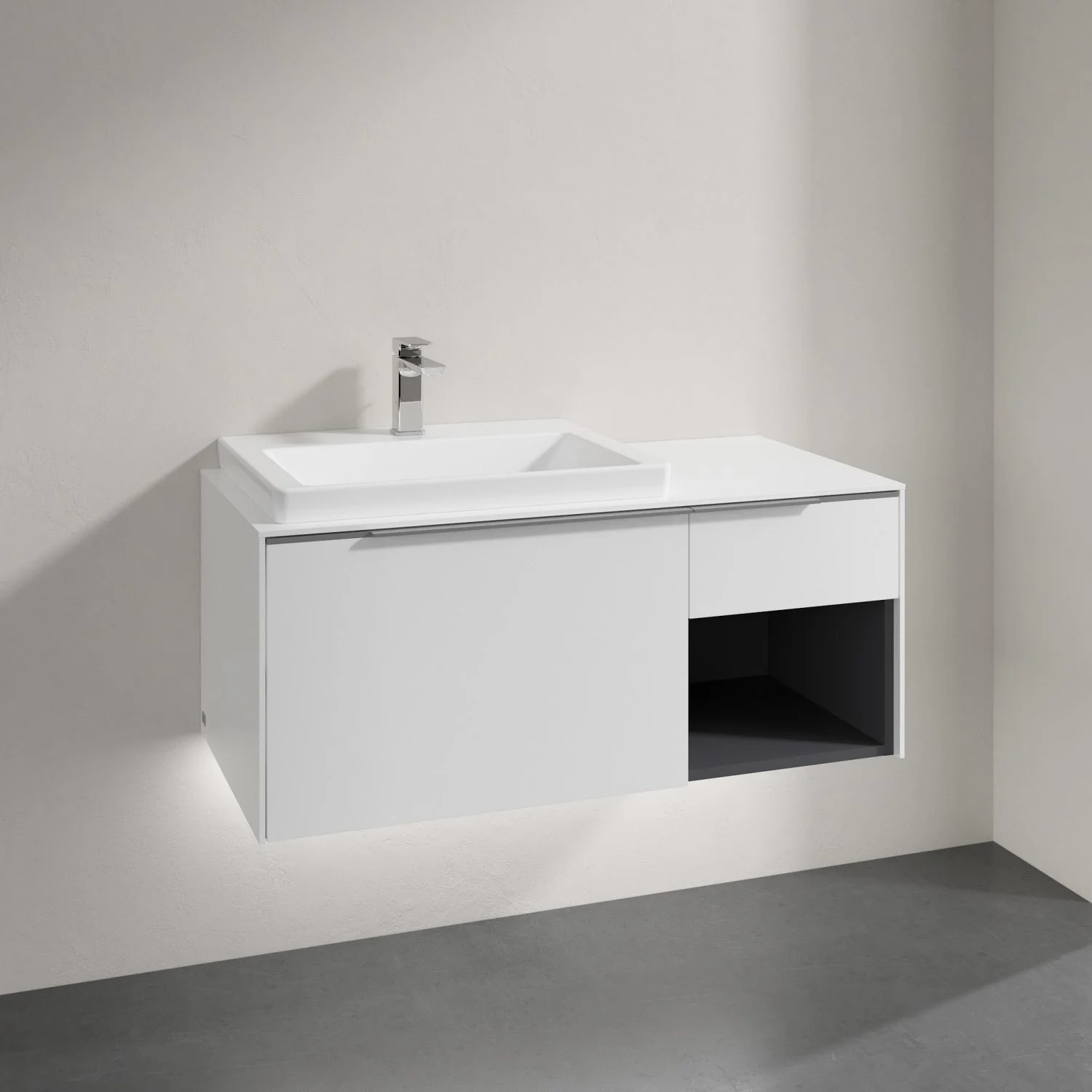 Biała umywalka z szafką zbliżenie, Villeroy & Boch