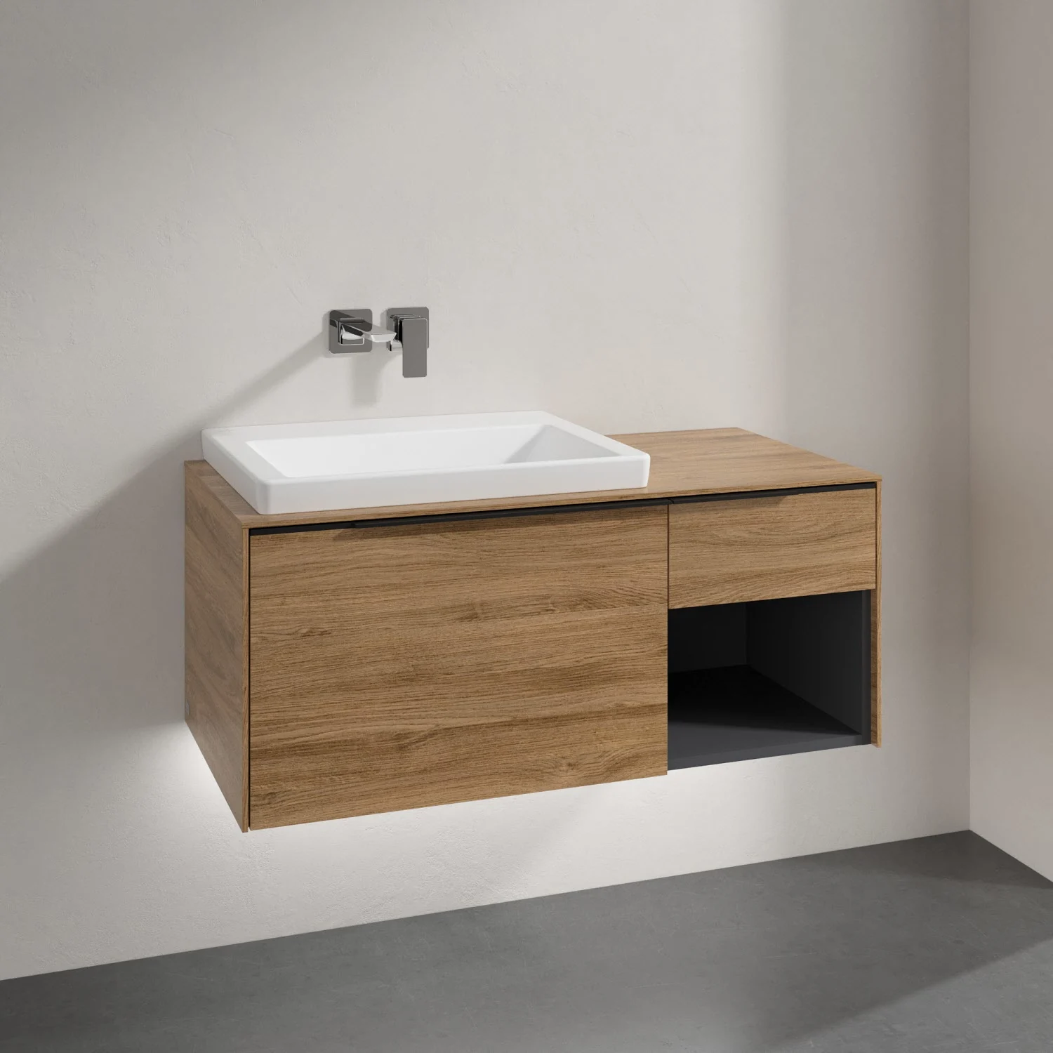 Umywalka z drewnianą szafką z bliska, Villeroy & Boch