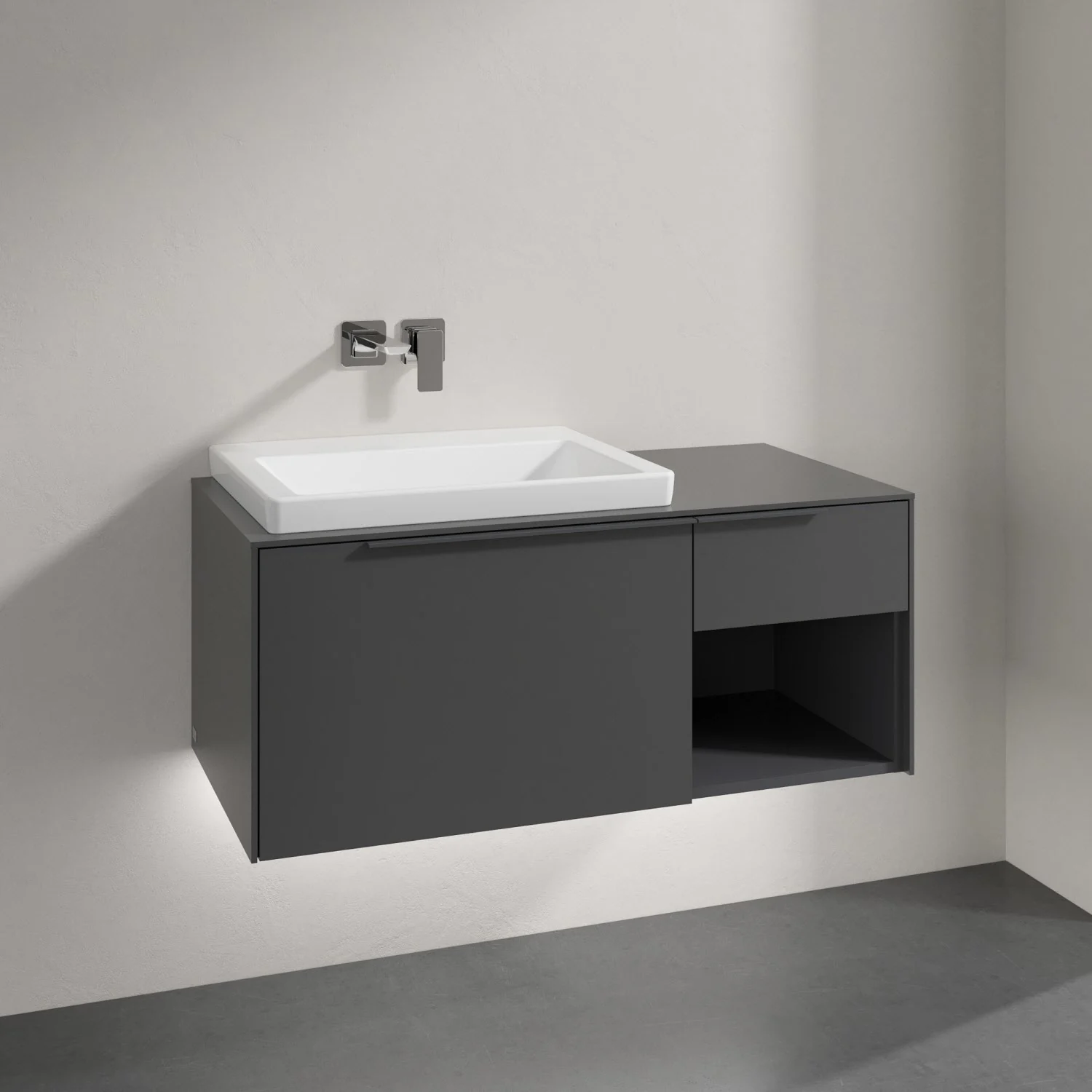 Szara umywalka z szafką w zbliżeniu, Villeroy & Boch