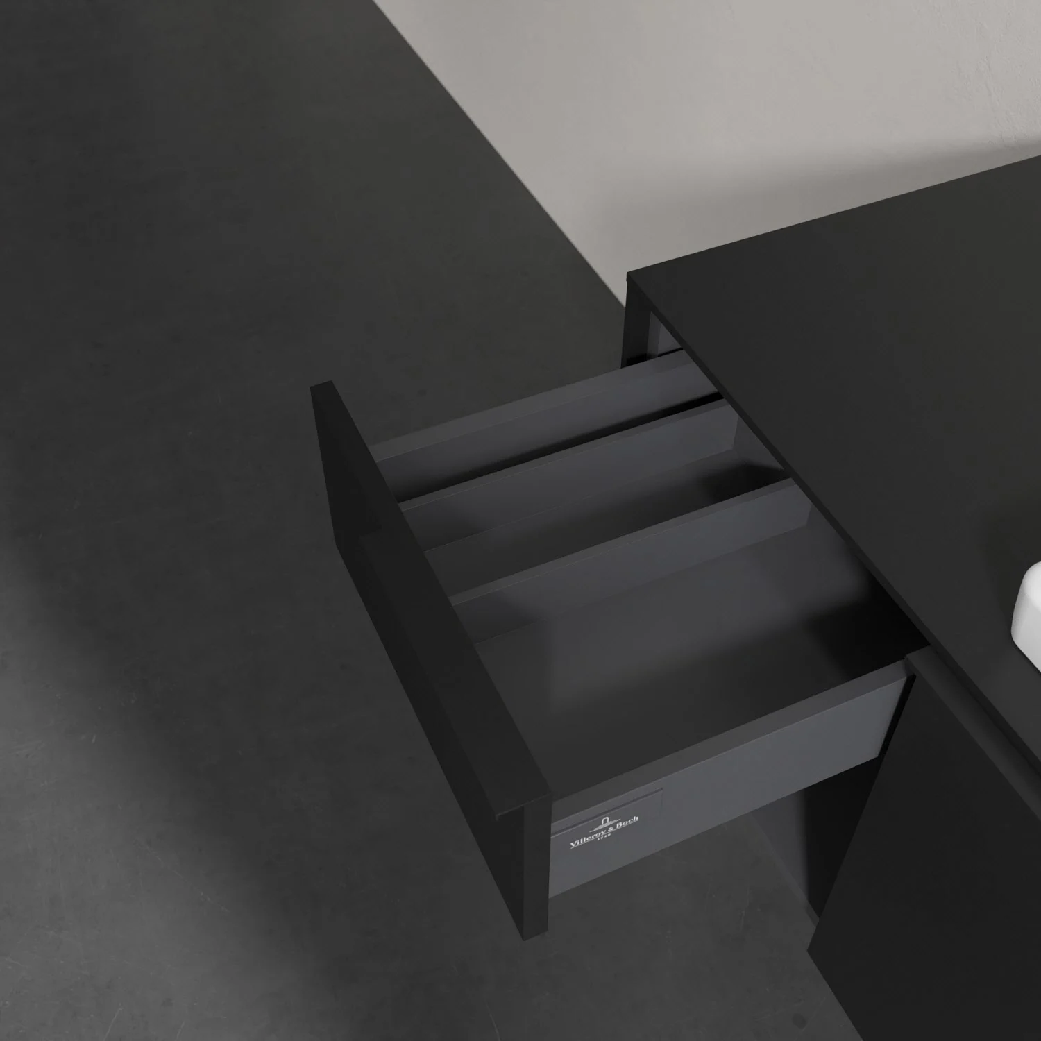 Czarna szuflada w zbliżeniu otwarta, Villeroy & Boch
