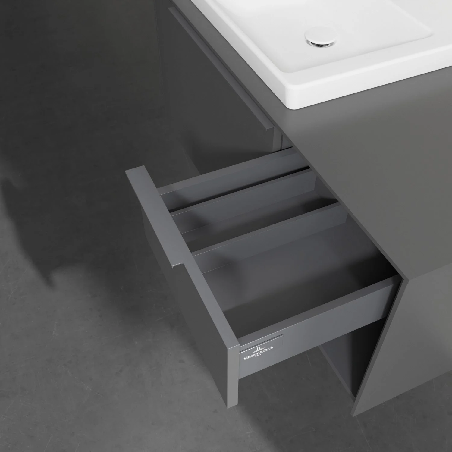 Szara szuflada pod białą umywalką, Villeroy & Boch