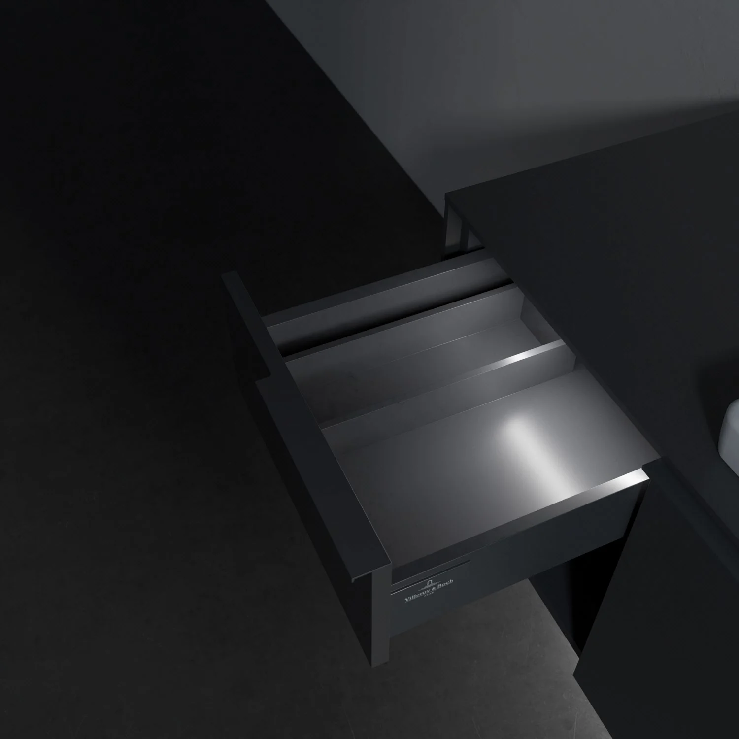 Zbliżenie otwartej ciemnej szafki z szufladami w łazience, Villeroy & Boch