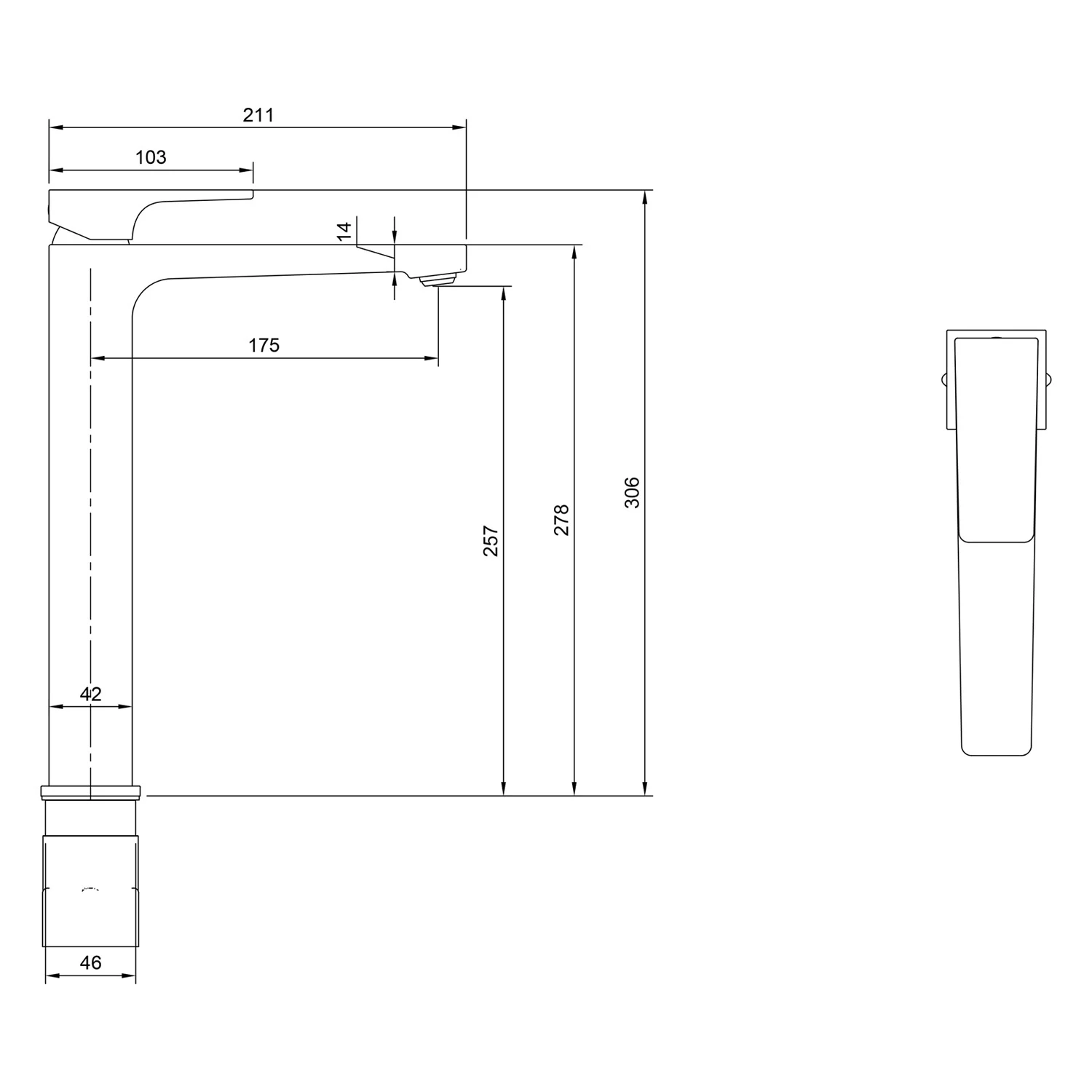 Rysunek techniczny wysokiej baterii z wymiarami, Villeroy & Boch