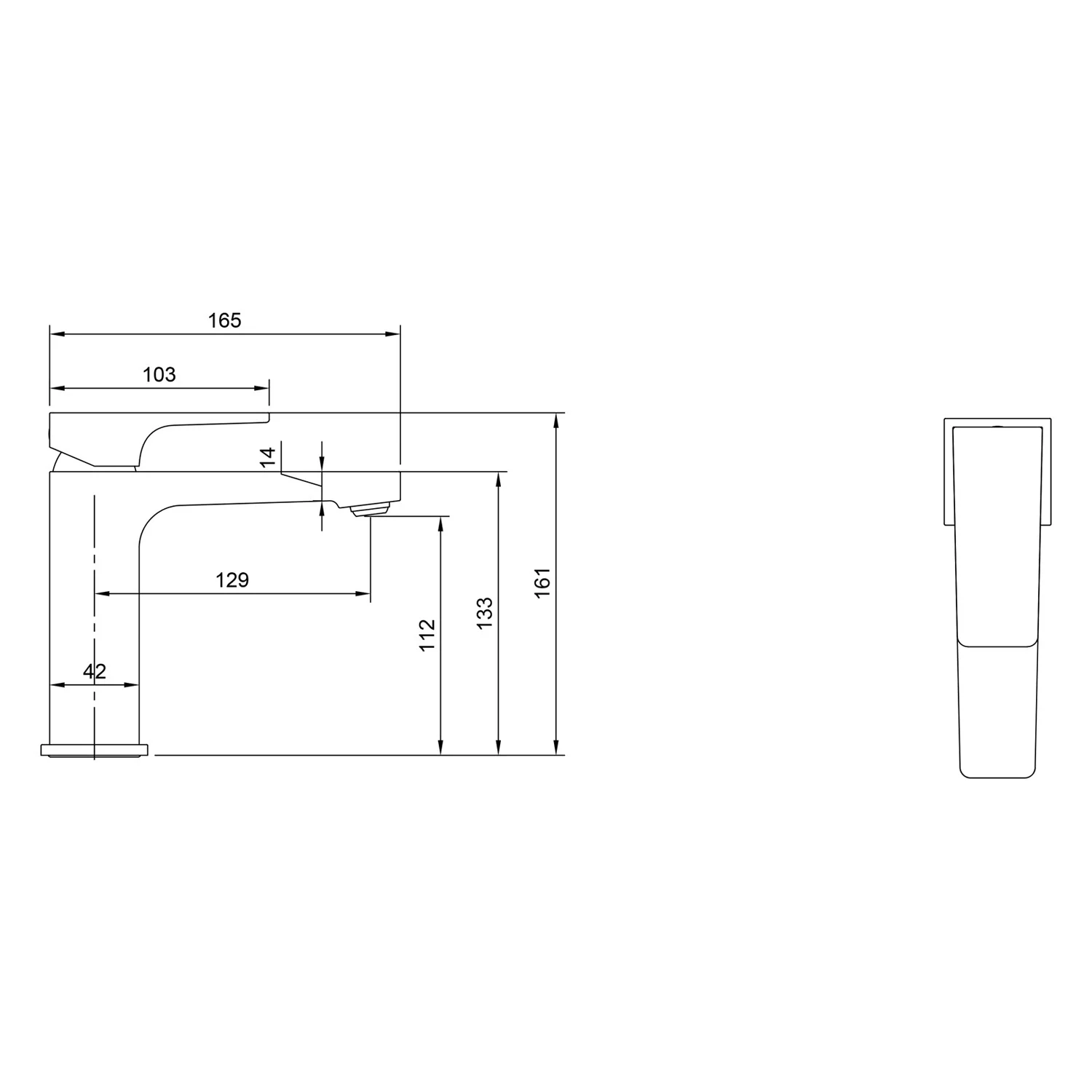 Rysunek techniczny baterii z wymiarami, Villeroy & Boch