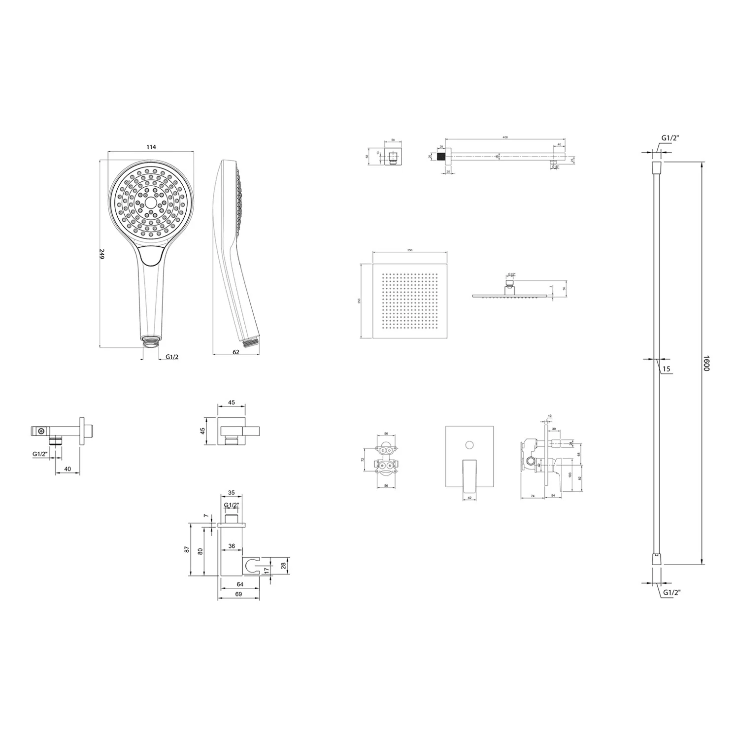Rysunek techniczny elementów prysznicowych, Villeroy & Boch