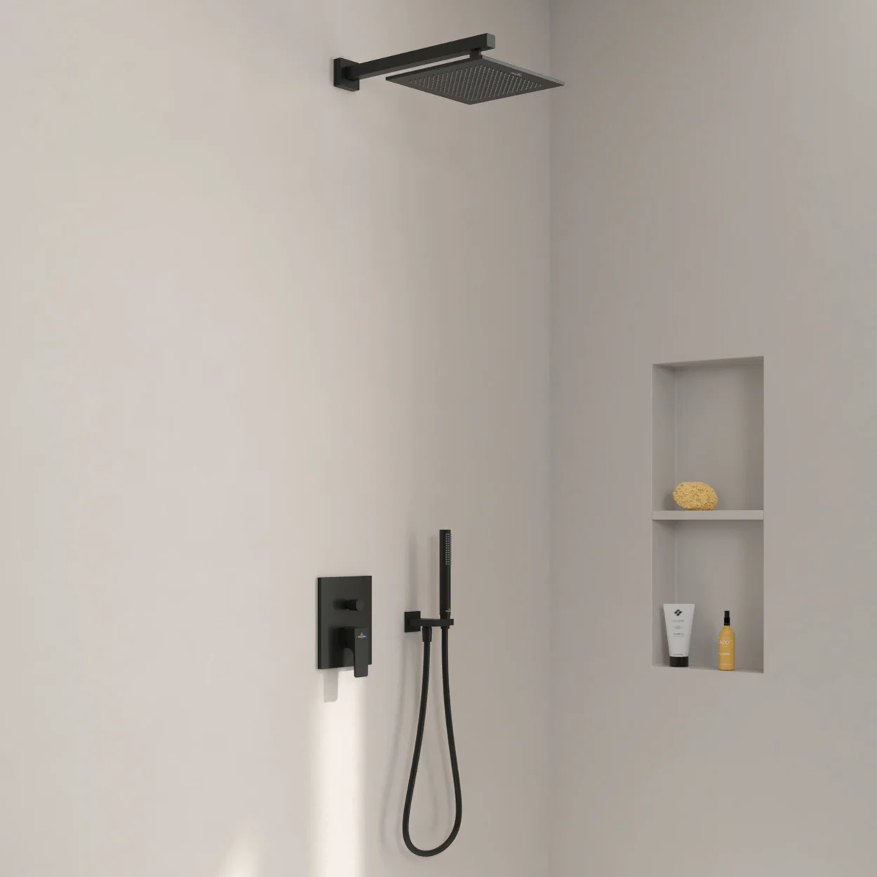 Prysznic z czarną armaturą i półką wnękową, Villeroy & Boch