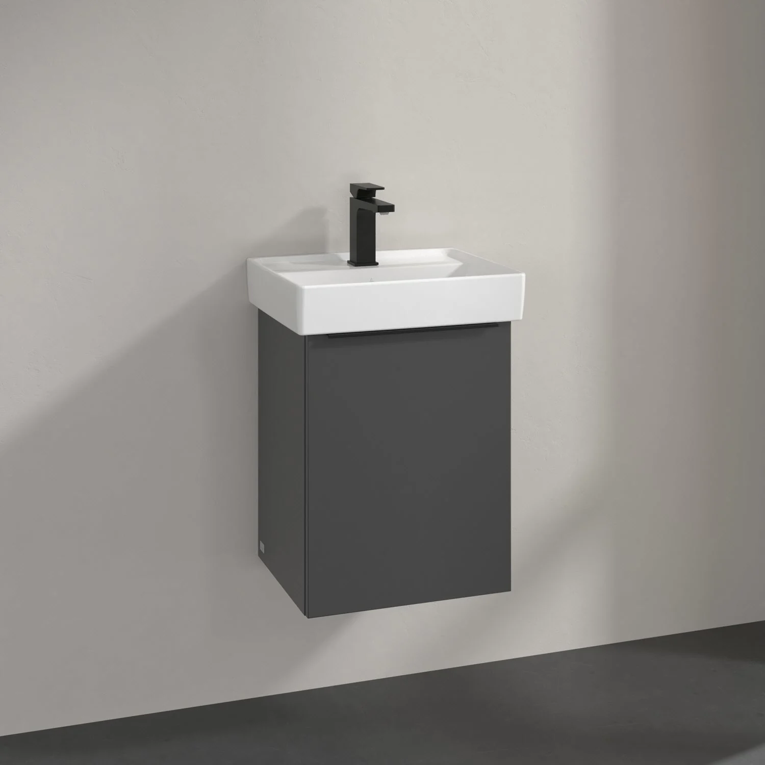 Mała umywalka z szarą szafką widok z przodu, Villeroy & Boch