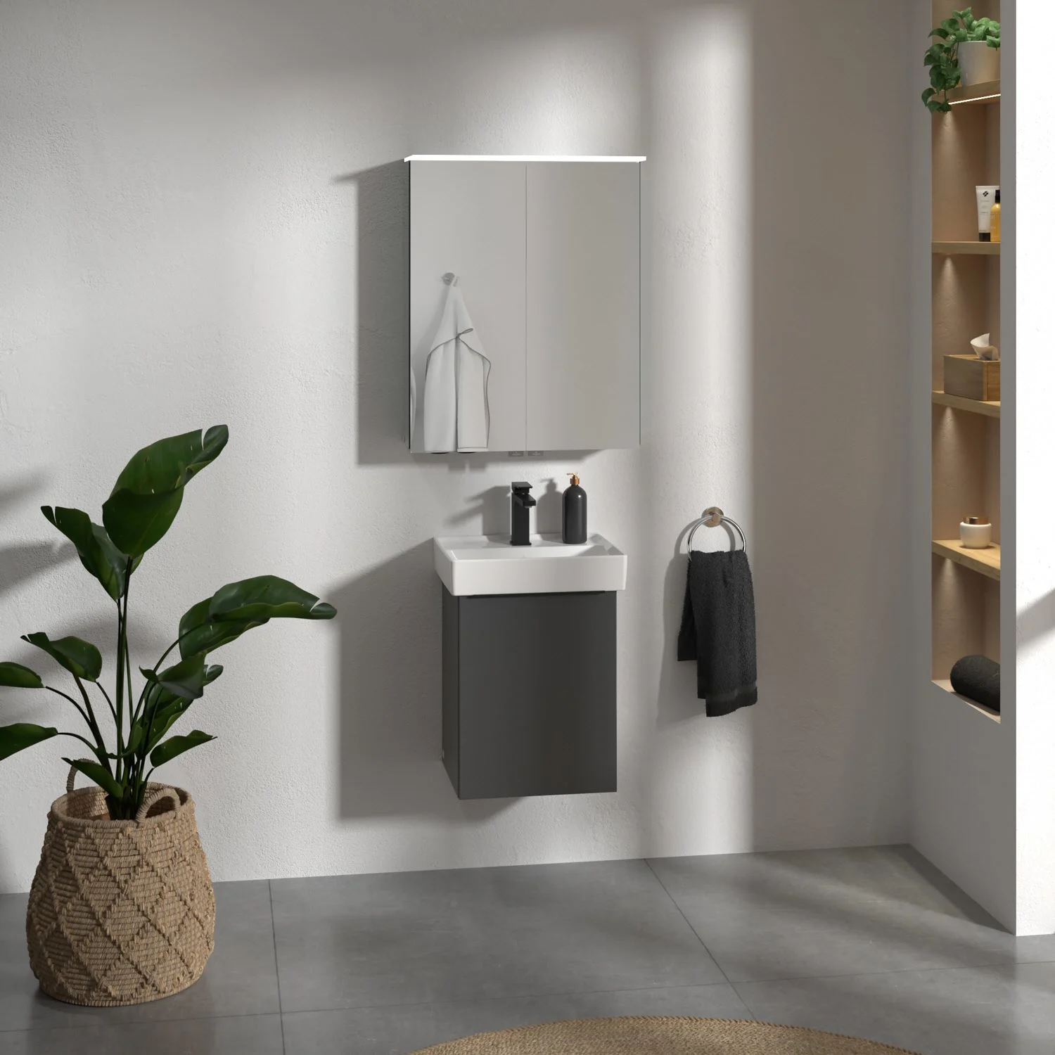 Meble łazienkowe z lustrem i roślinami w pokoju, Villeroy & Boch