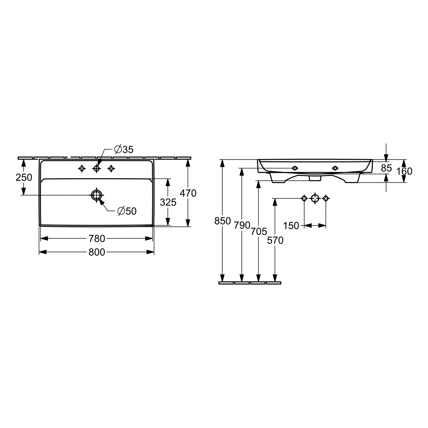 Villeroy & Boch Taro Waschtisch 80 cm mit CeramicPlus Beschichtung, 1 Hahnloch, ohne Überlauf Bild 5