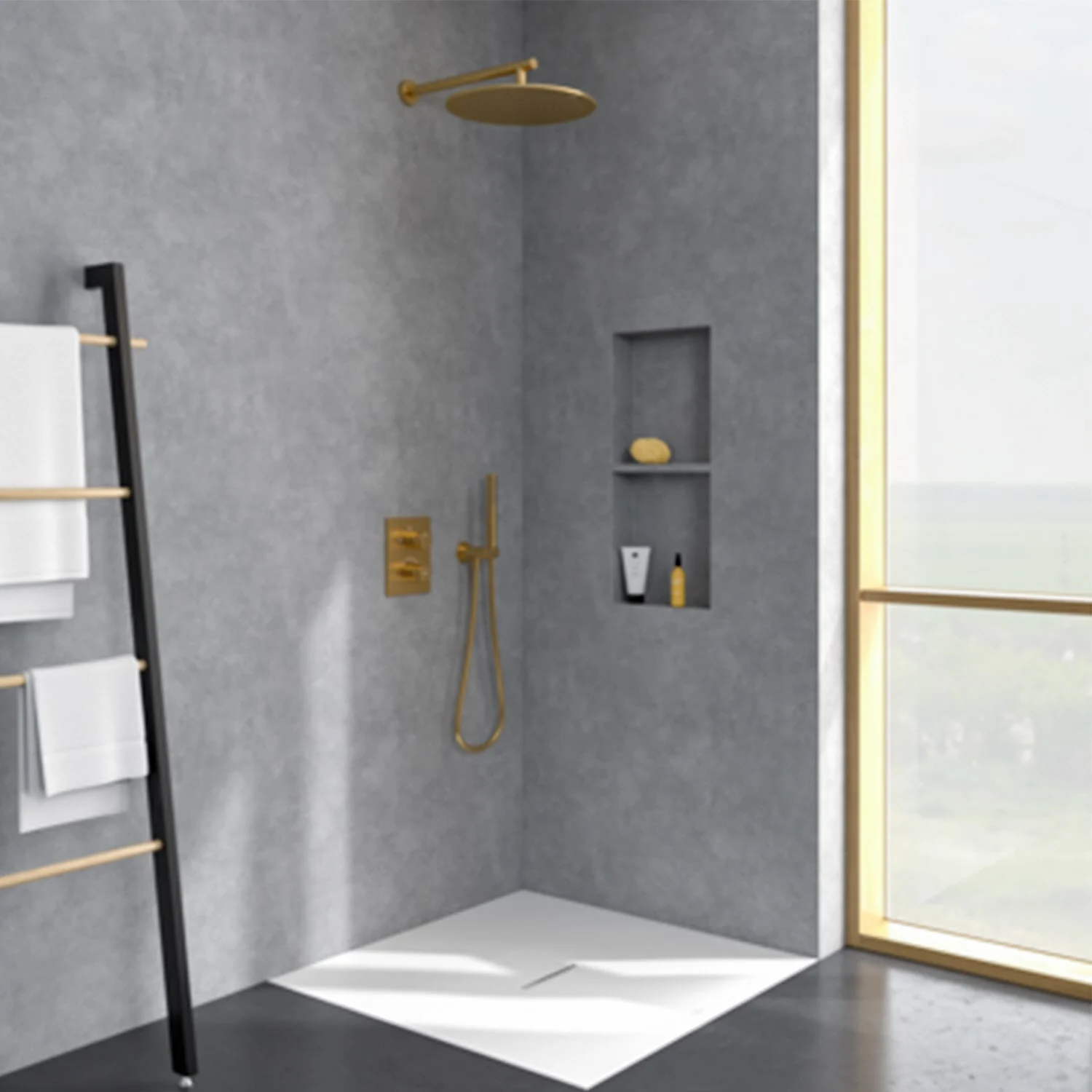 Prysznic ze złotą głowicą prysznicową w nowoczesnej łazience, Villeroy & Boch