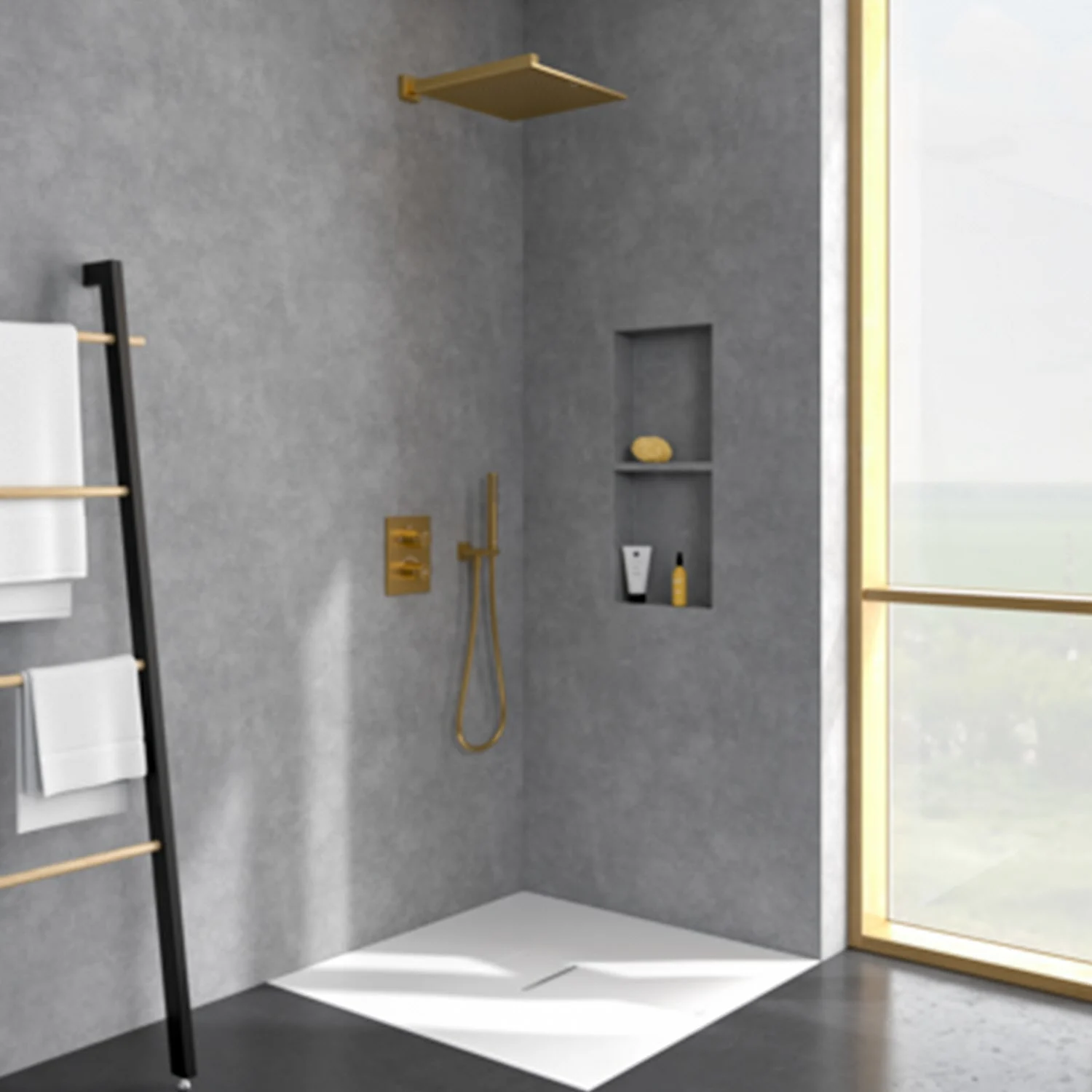 Prysznic ze złotą głowicą prysznicową w nowoczesnej łazience, Villeroy & Boch