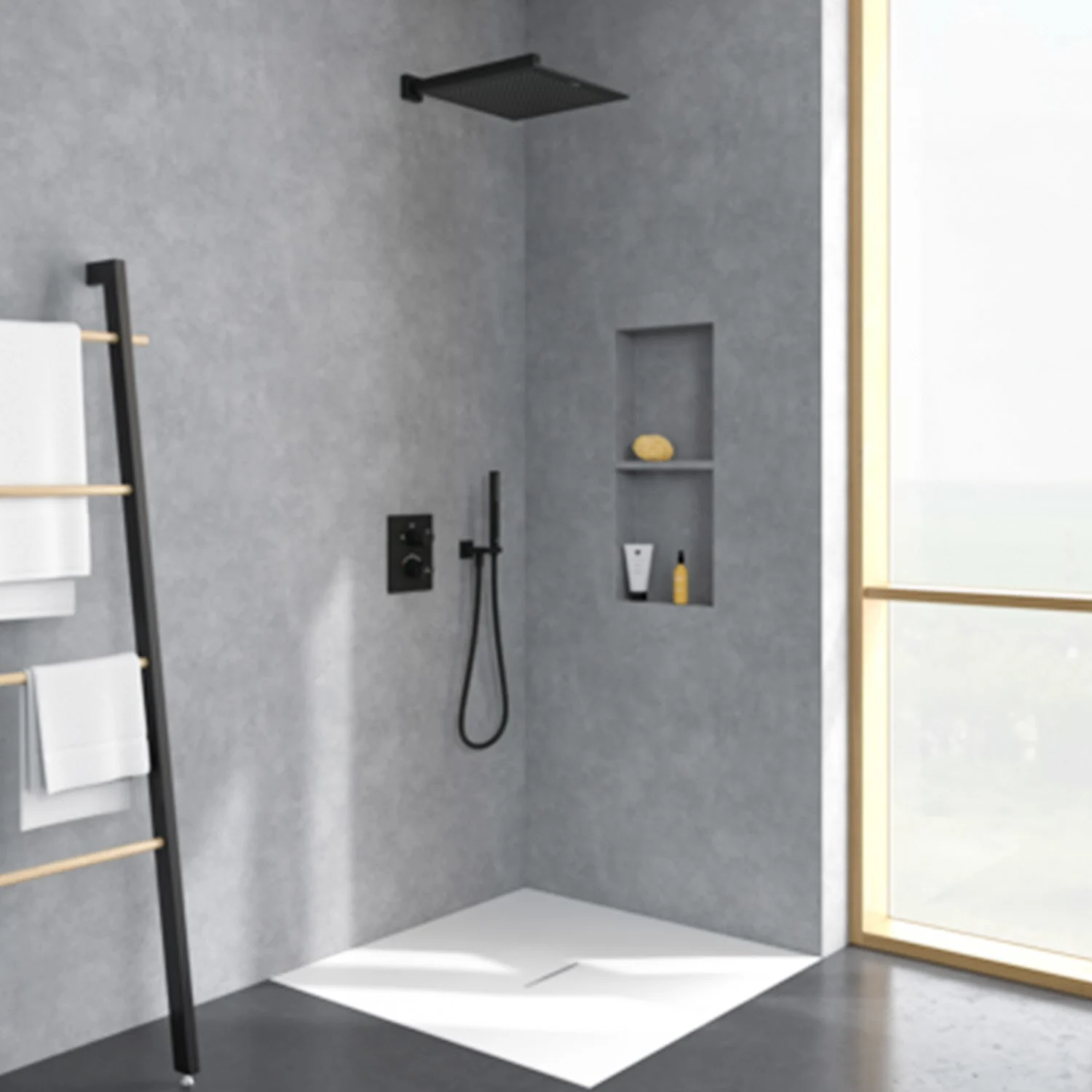 Prysznic z czarną głowicą prysznicową w nowoczesnej łazience, Villeroy & Boch