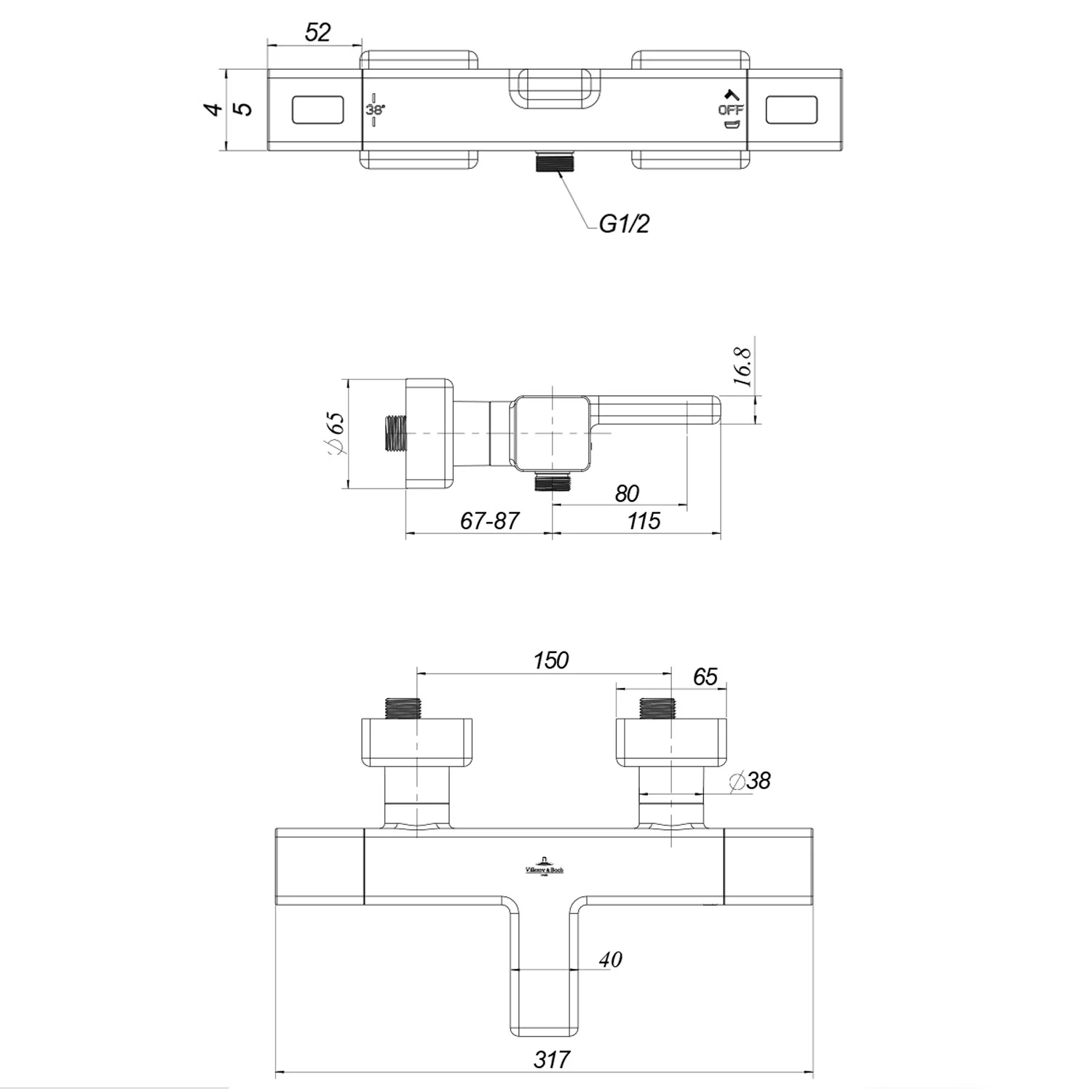 Rysunek techniczny baterii z wymiarami, Villeroy & Boch