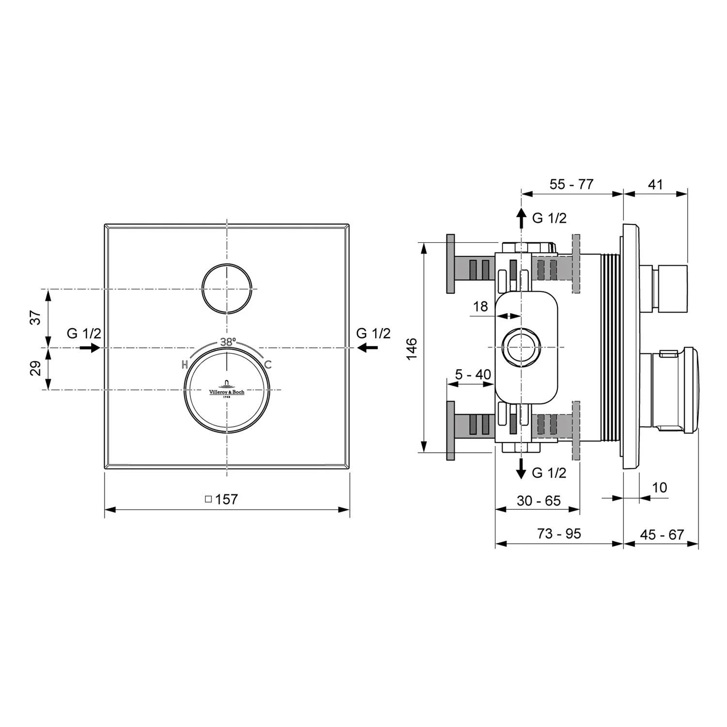 Rysunek techniczny części baterii podtynkowej, Villeroy & Boch
