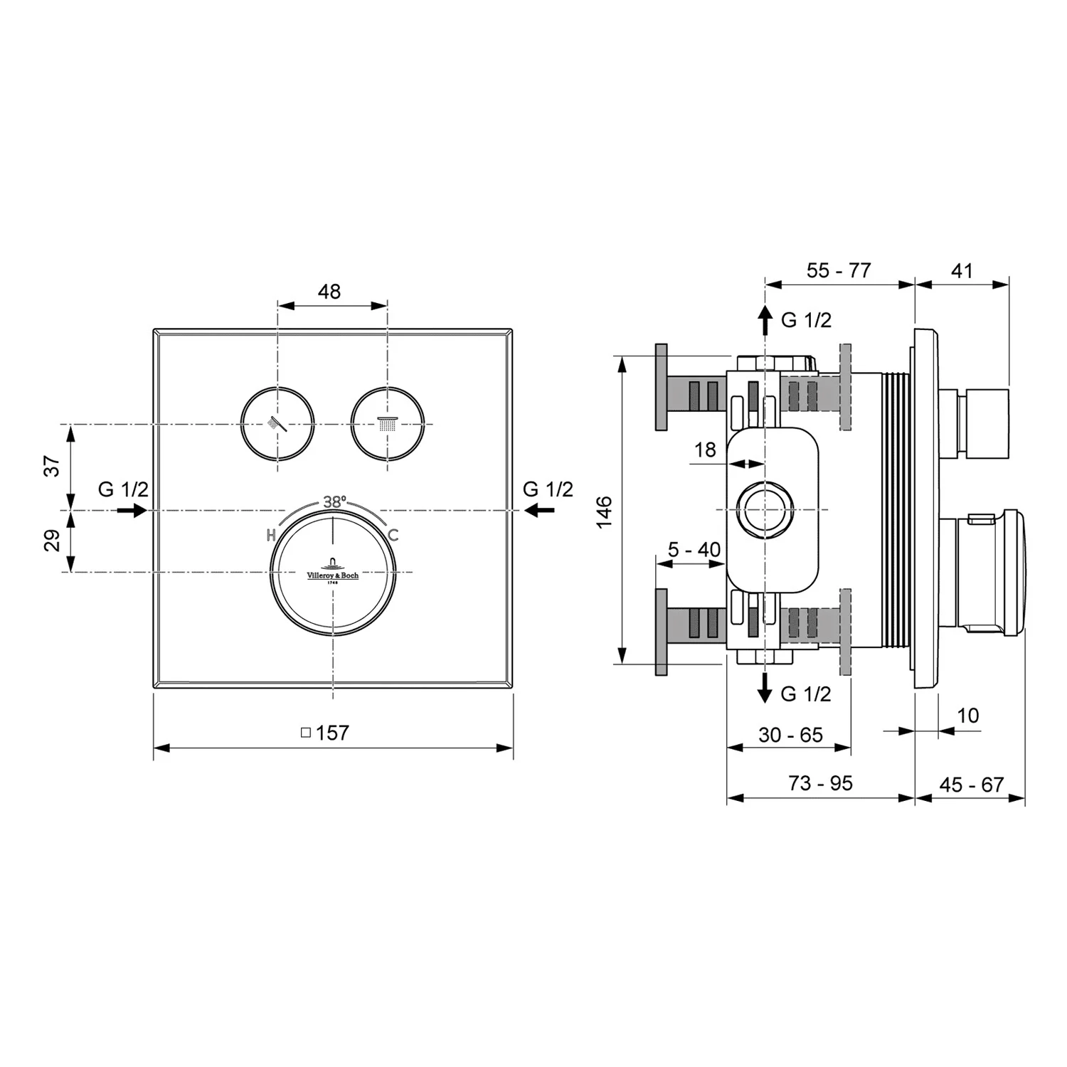 Rysunek techniczny systemu podtynkowego z wymiarami, Villeroy & Boch