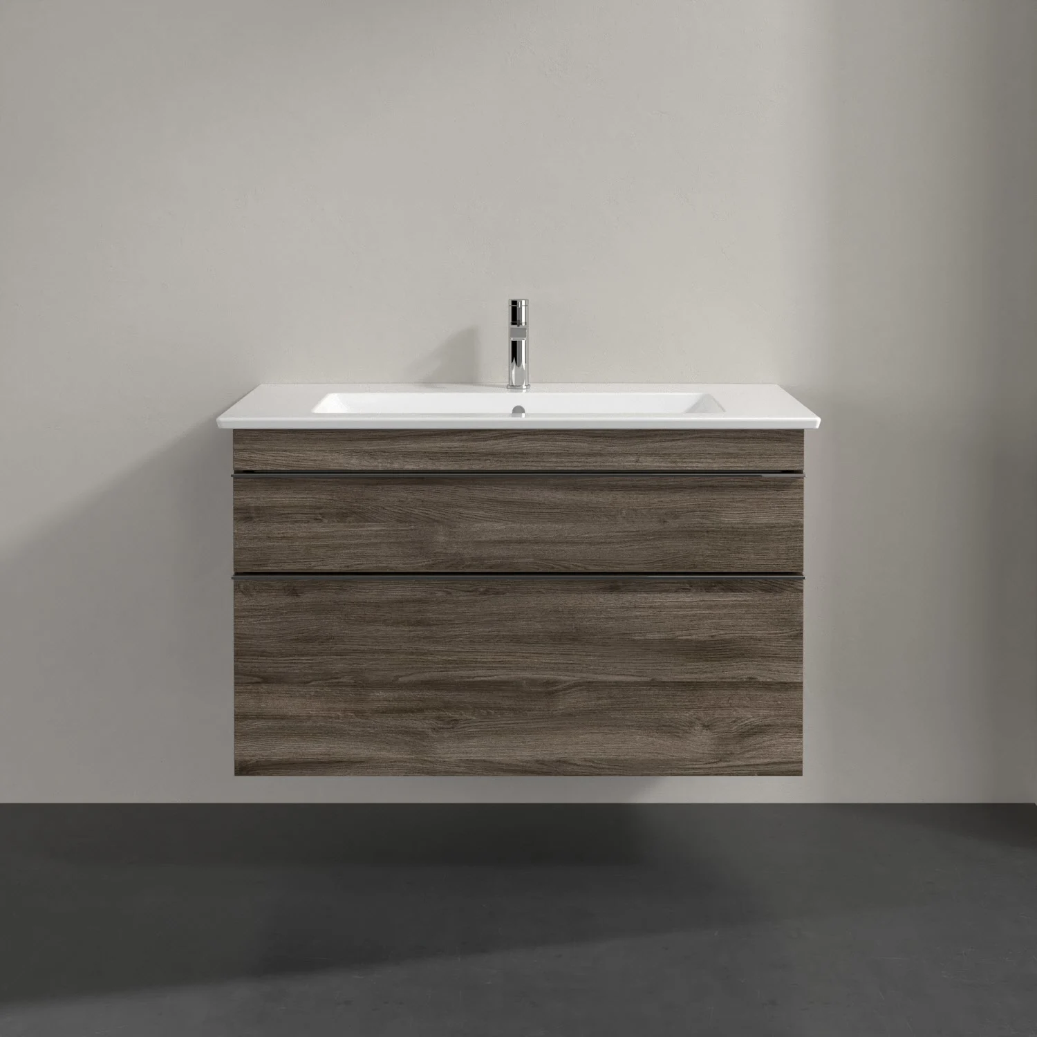 Ciemnodrewniana umywalka z przodu, Villeroy & Boch