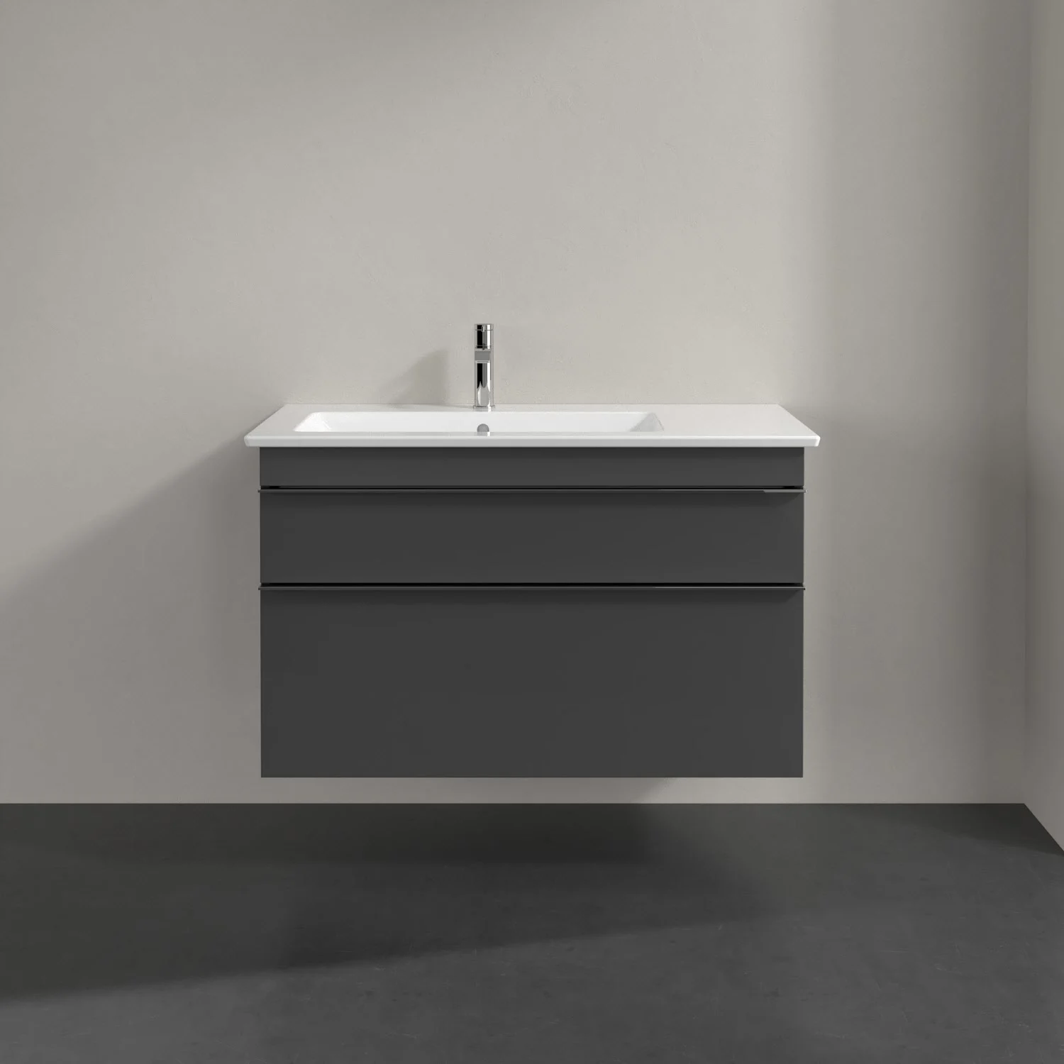 Szara umywalka z dwiema szufladami w łazience, Villeroy & Boch