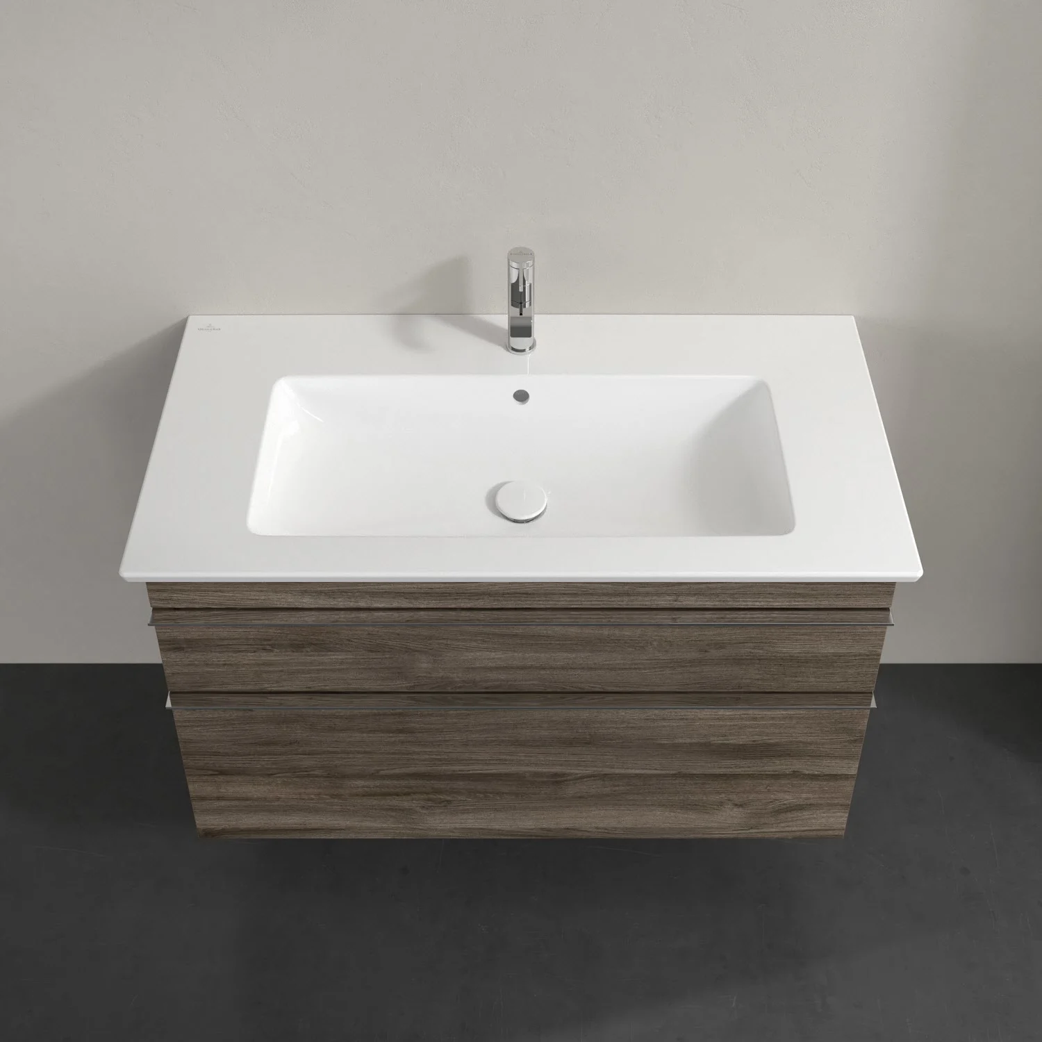 Szafka pod umywalkę w ciemnym drewnianym wyglądzie z góry, Villeroy & Boch