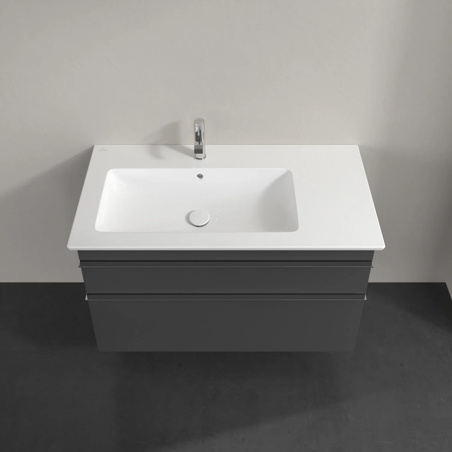 Szara umywalka z szafką widok z przodu, Villeroy & Boch