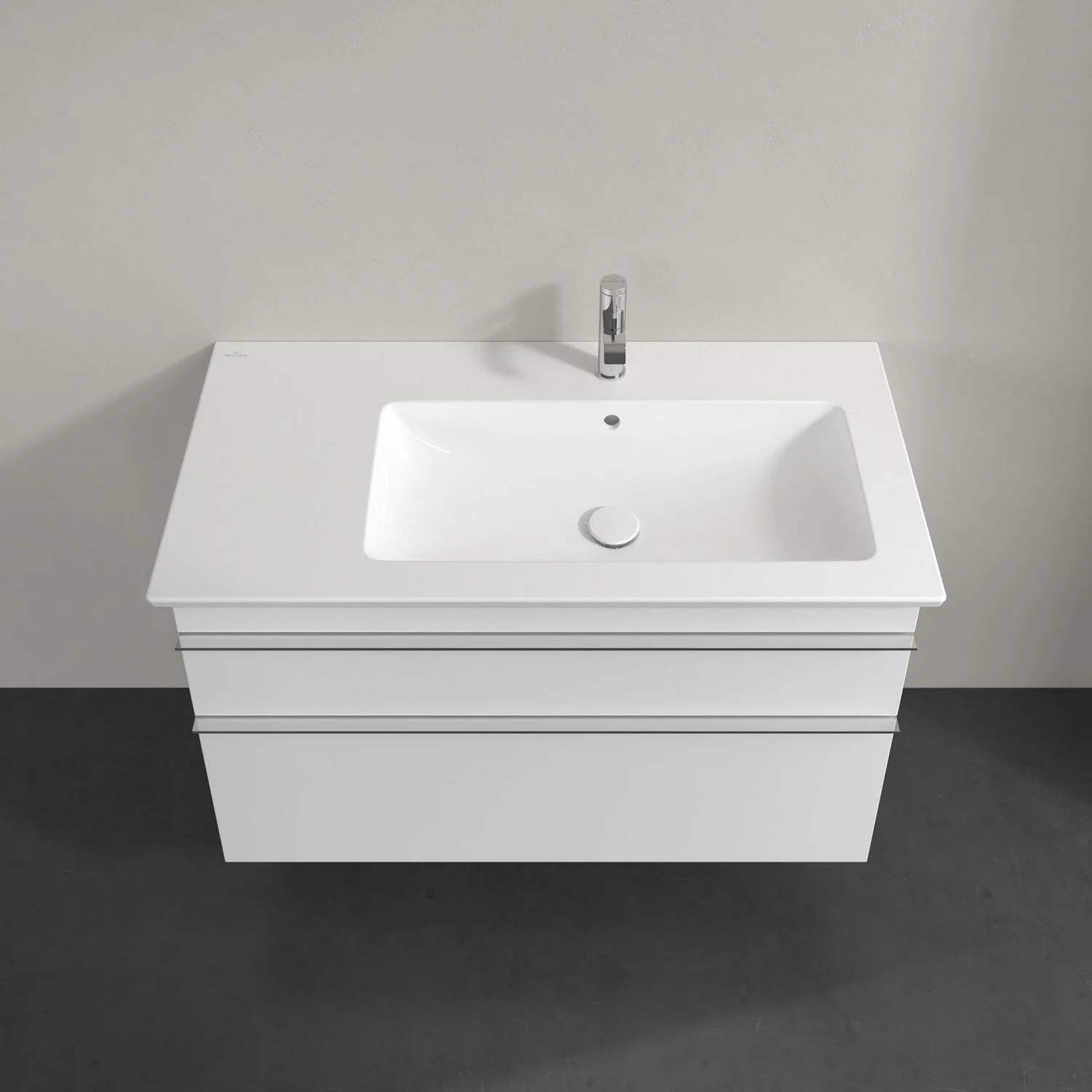 Biała umywalka z szafką widok z przodu, Villeroy & Boch