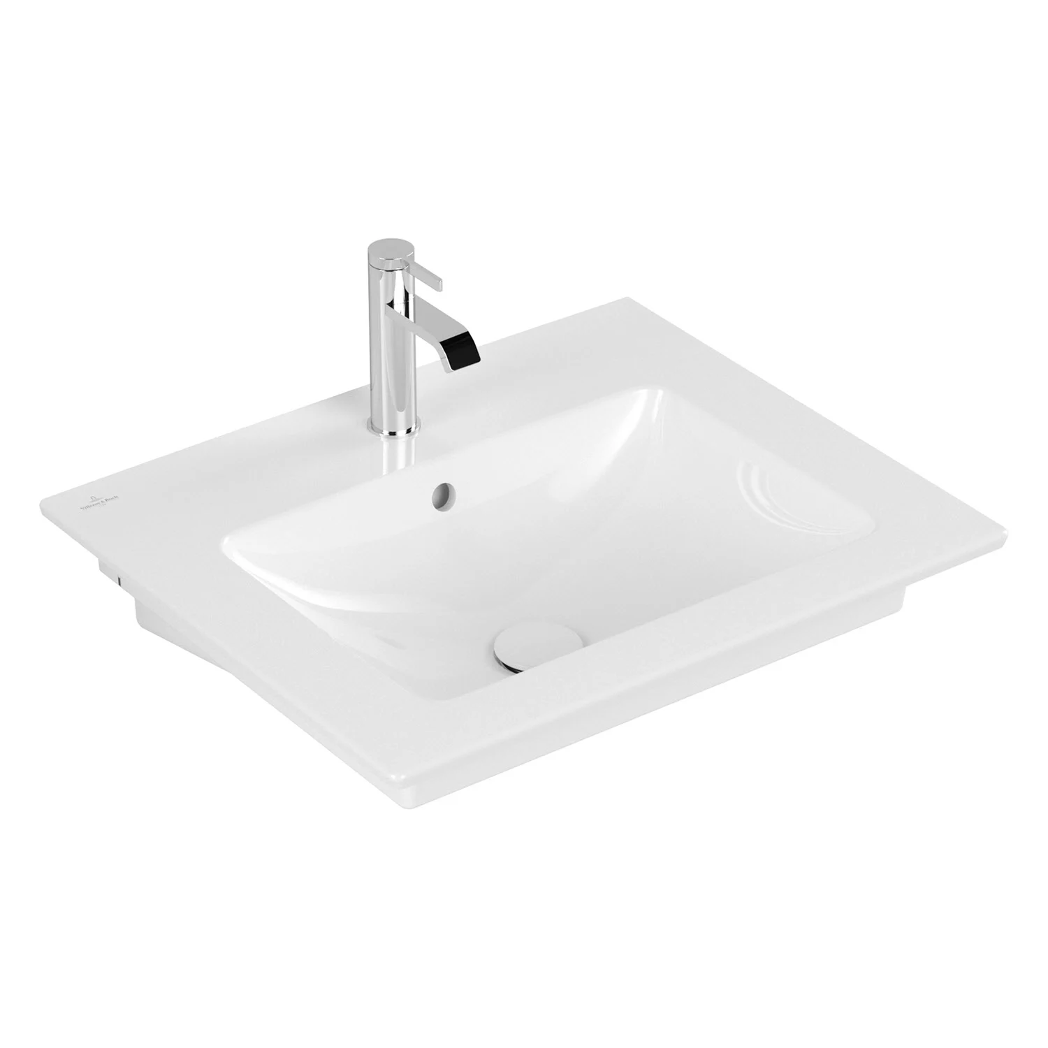 Biała kwadratowa umywalka widok z boku z baterią, Villeroy & Boch
