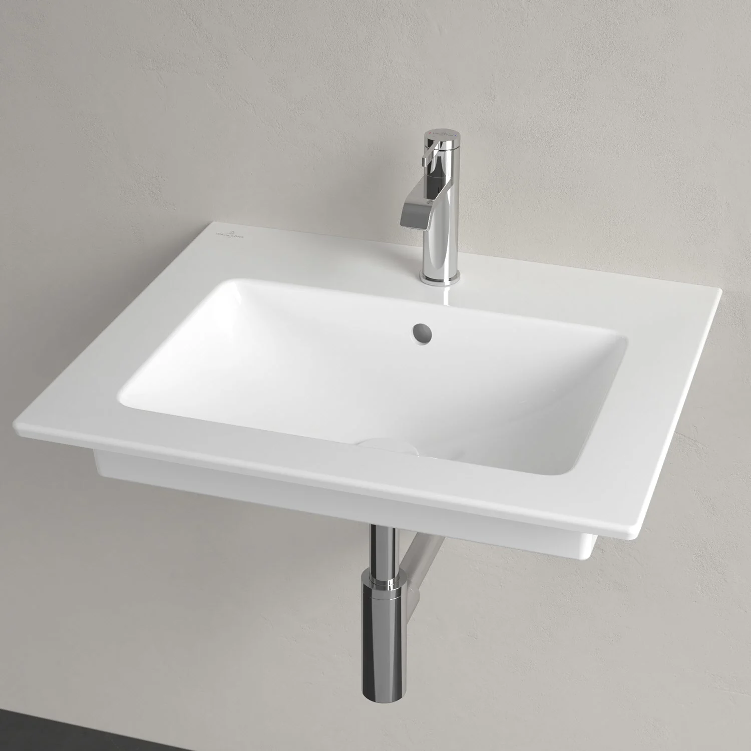 Biała umywalka z baterią w zbliżeniu, Villeroy & Boch