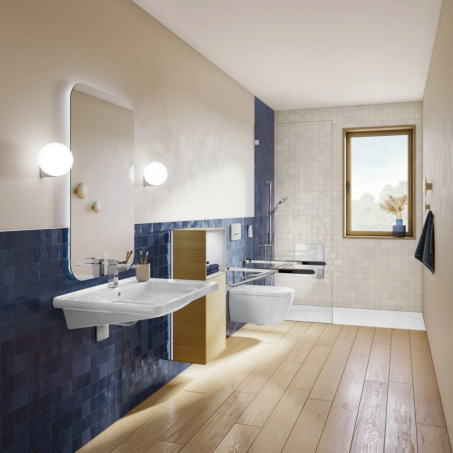 Łazienka z umywalką i niebieskimi płytkami, Villeroy & Boch