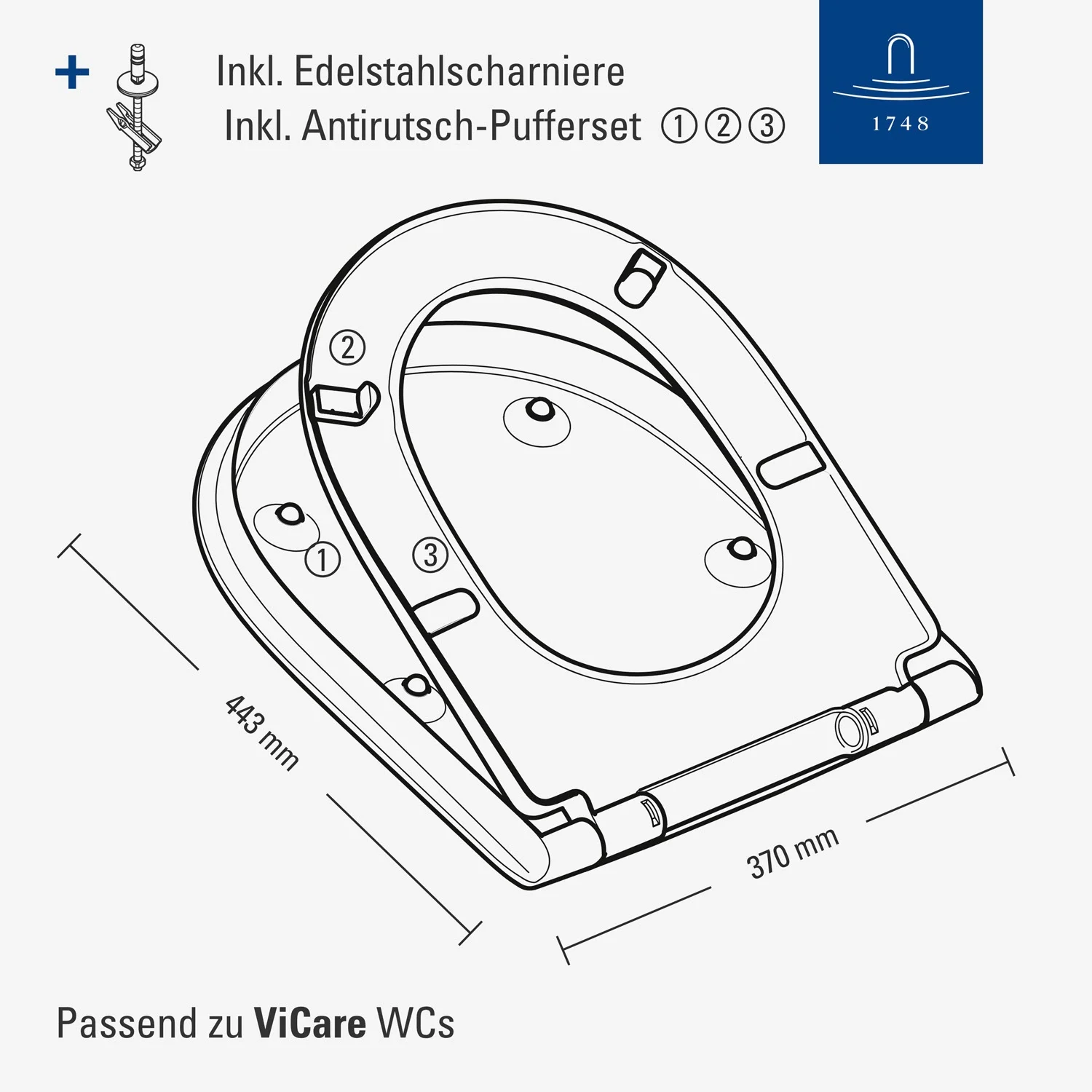 Rysunek techniczny deski sedesowej z wymiarami, Villeroy & Boch