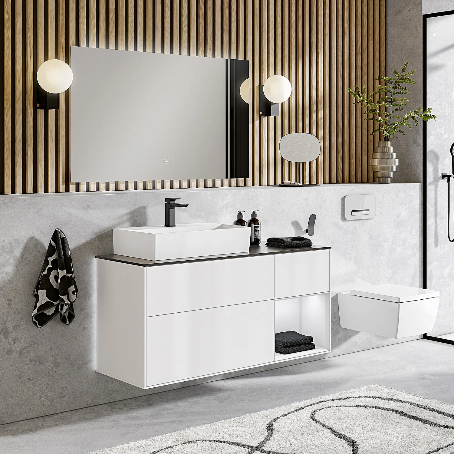 Nowoczesna łazienka z drewnianą boazerią i lustrem, Villeroy & Boch
