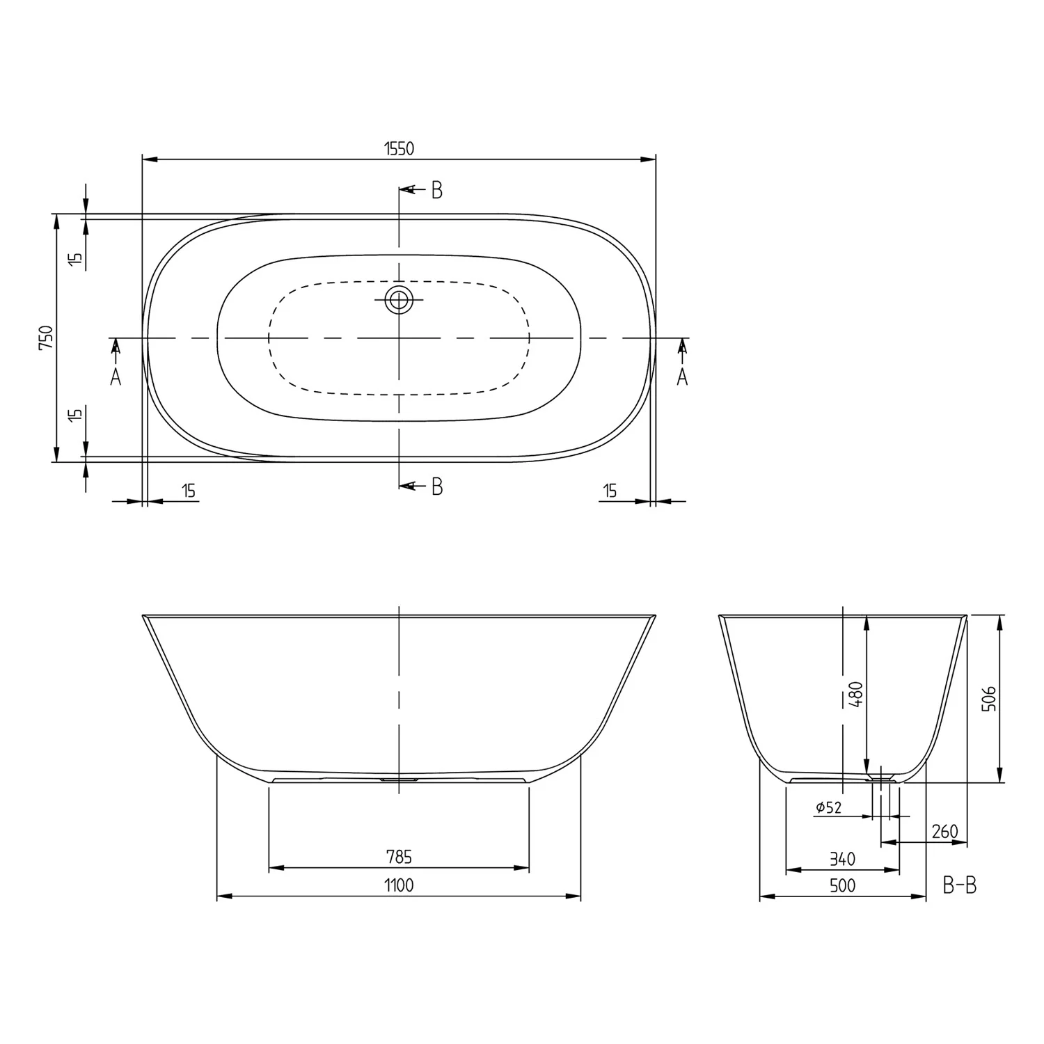 Rysunek techniczny wolnostojącej wanny, Villeroy & Boch