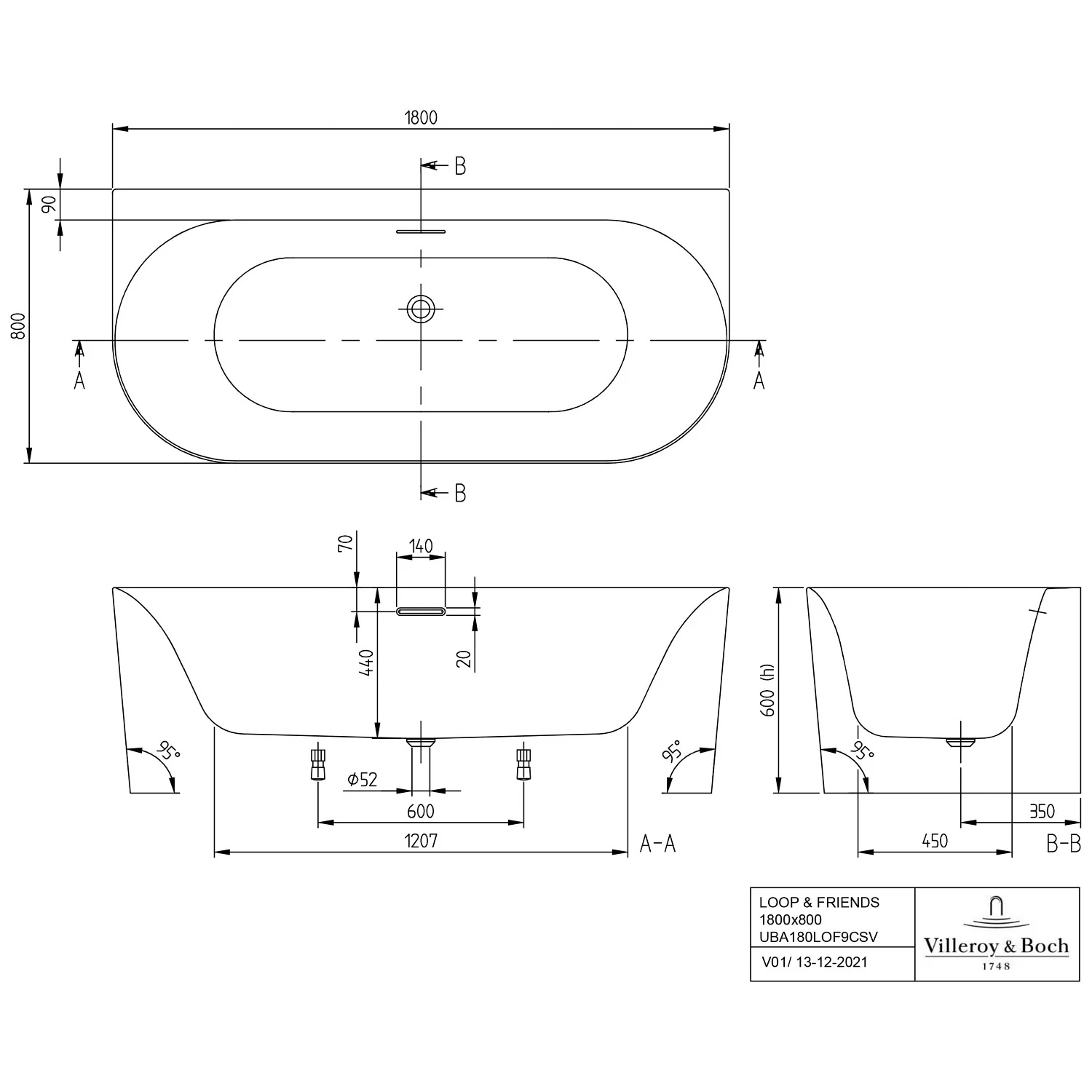Villeroy & Boch Loop & Friends Oval Duo Vorwand-Badewanne, 180 x 80 cm Bild 2