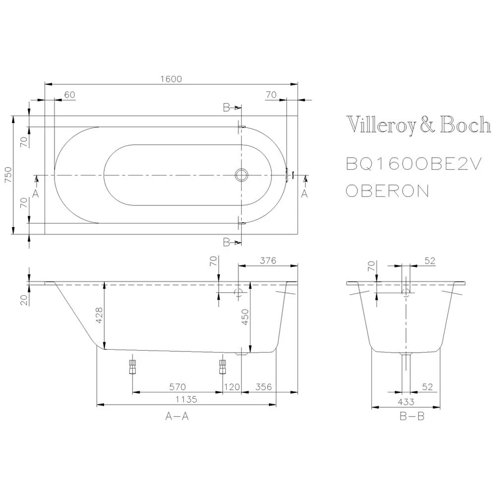Rysunek techniczny wanny z góry, Villeroy & Boch