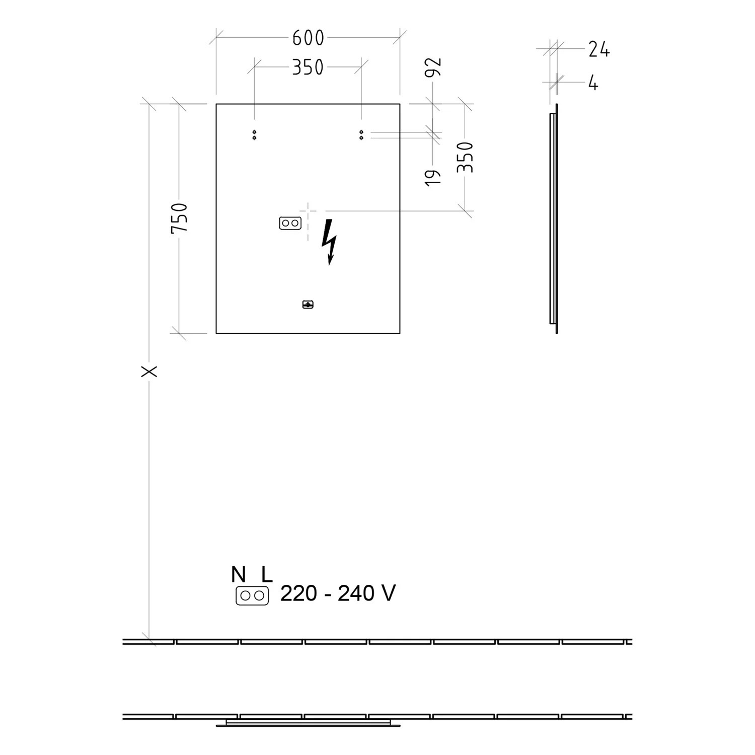 Rysunek techniczny prostokątnego lustra z wymiarami, Villeroy & Boch