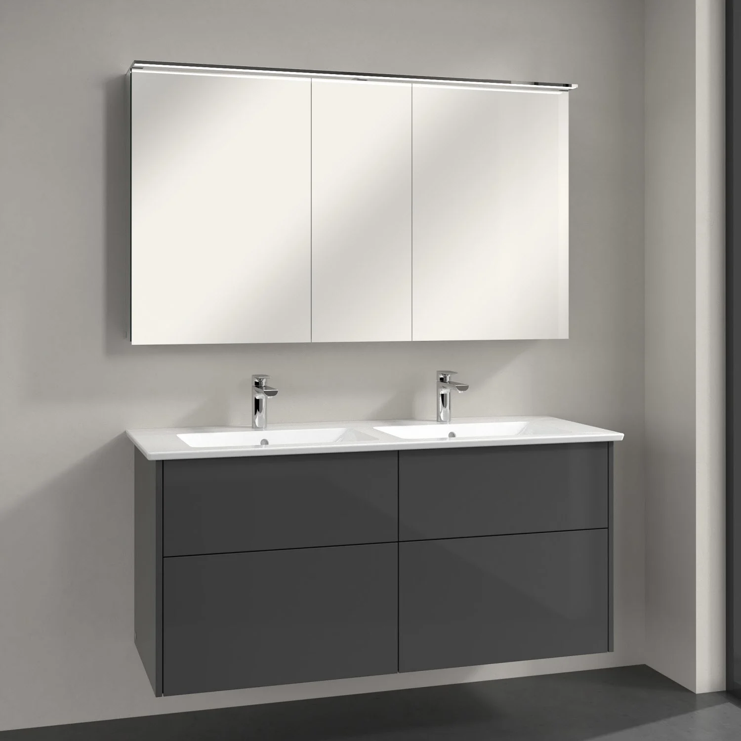Villeroy & Boch Finero Waschtischunterschrank 130 cm mit Doppelwaschtisch und Spiegelschrank, 4 Auszüge
