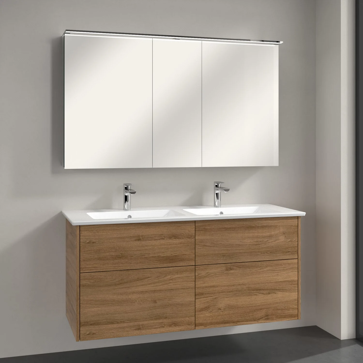 Drewniana szafka pod umywalkę z podwójną umywalką widok z przodu, Villeroy & Boch