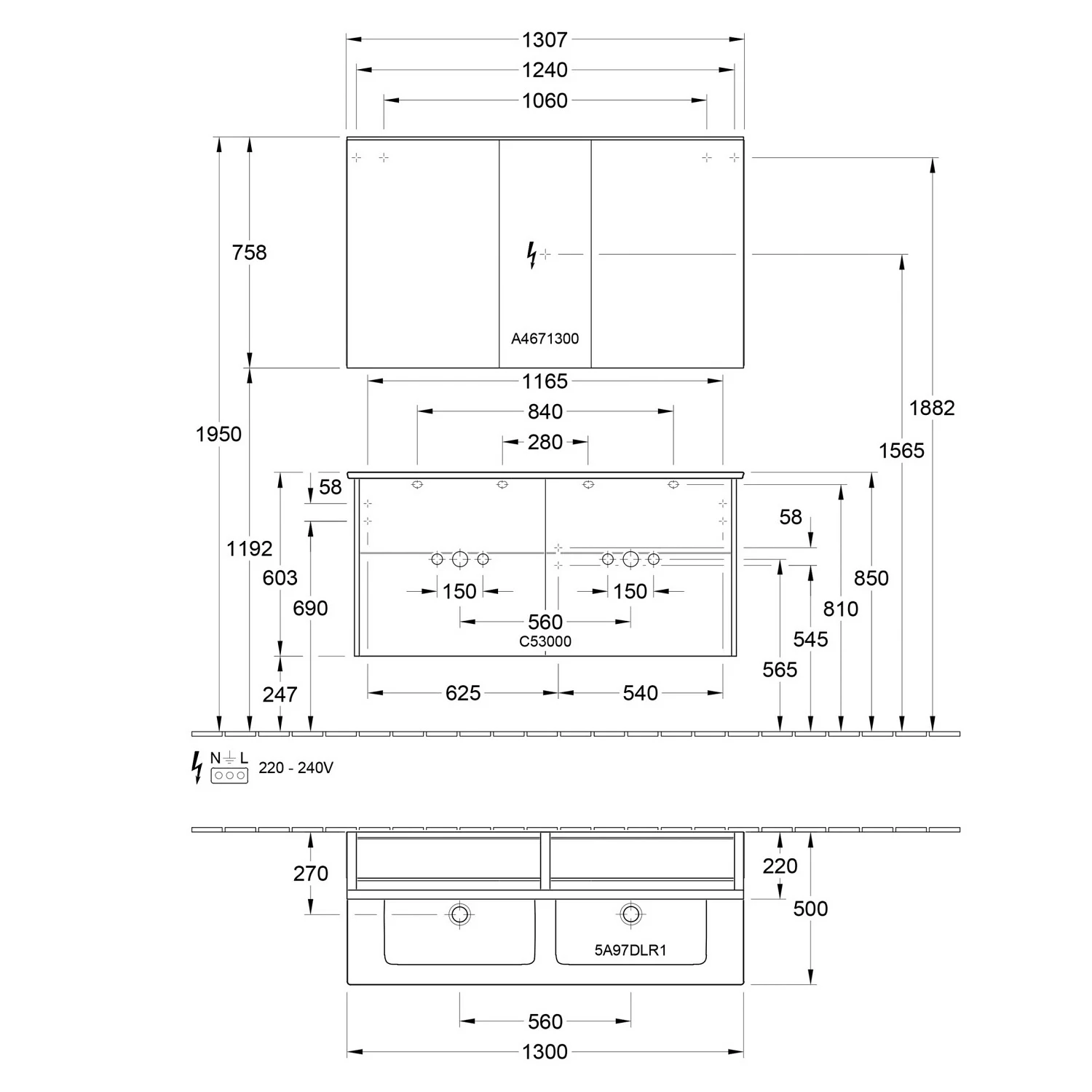 Villeroy & Boch Finero Waschtischunterschrank 130 cm mit Doppelwaschtisch und Spiegelschrank, 4 Auszüge Bild 5