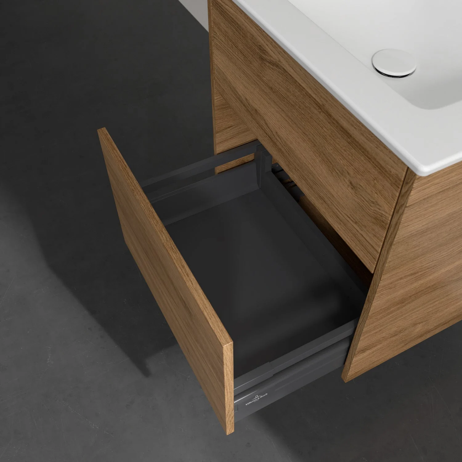Drewniana szafka pod umywalkę z otwartą szufladą, Villeroy & Boch