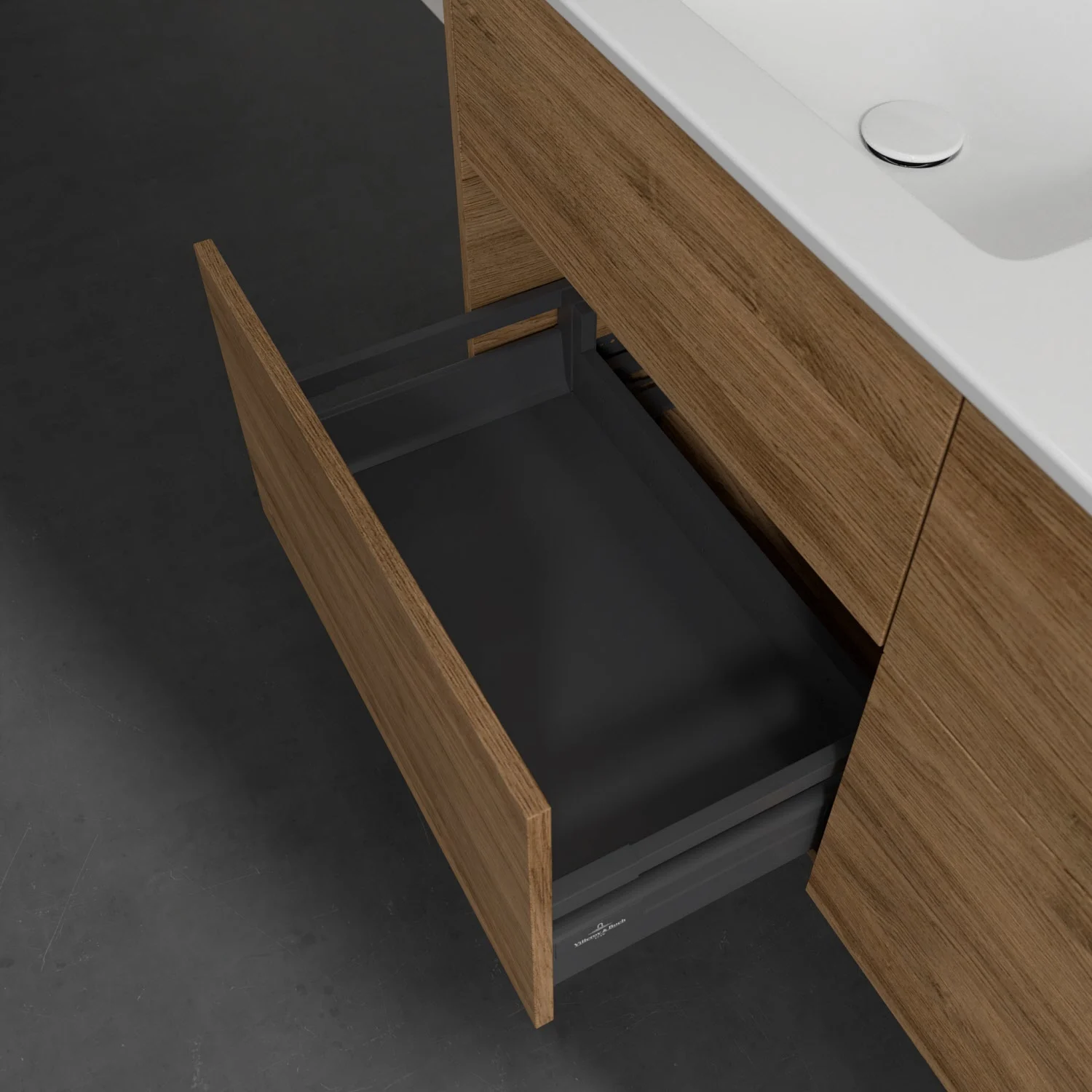 Drewniana szafka pod umywalkę z otwartą szufladą, Villeroy & Boch