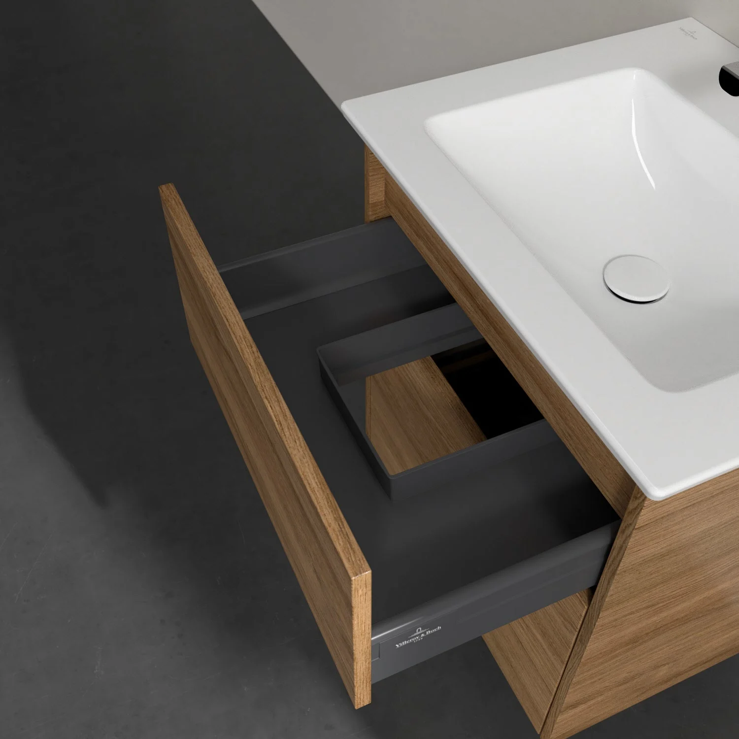 Drewniana szafka pod umywalkę z otwartą szufladą, Villeroy & Boch