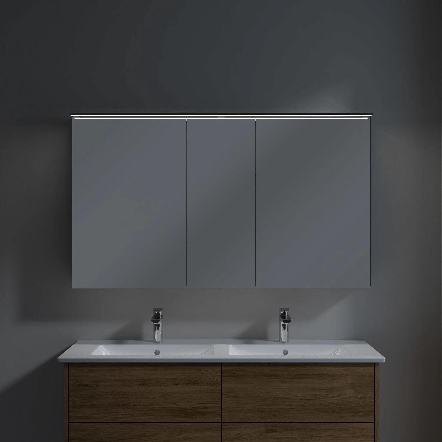 Szafka łazienkowa w drewnianym wyglądzie z podwójną umywalką, Villeroy & Boch