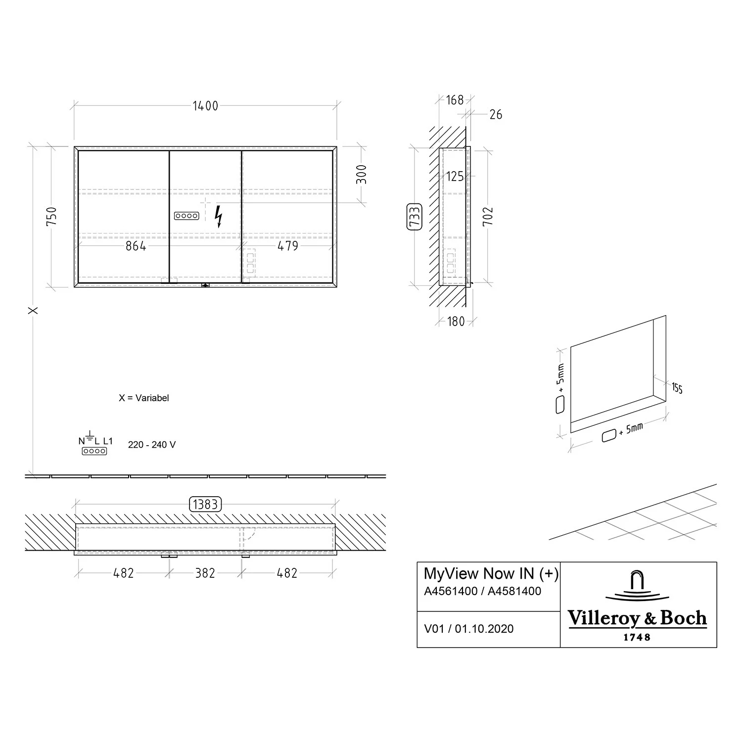 Villeroy & Boch My View Now Einbau-Spiegelschrank 140 cm, 3 Türen, mit Sensordimmer Bild 5