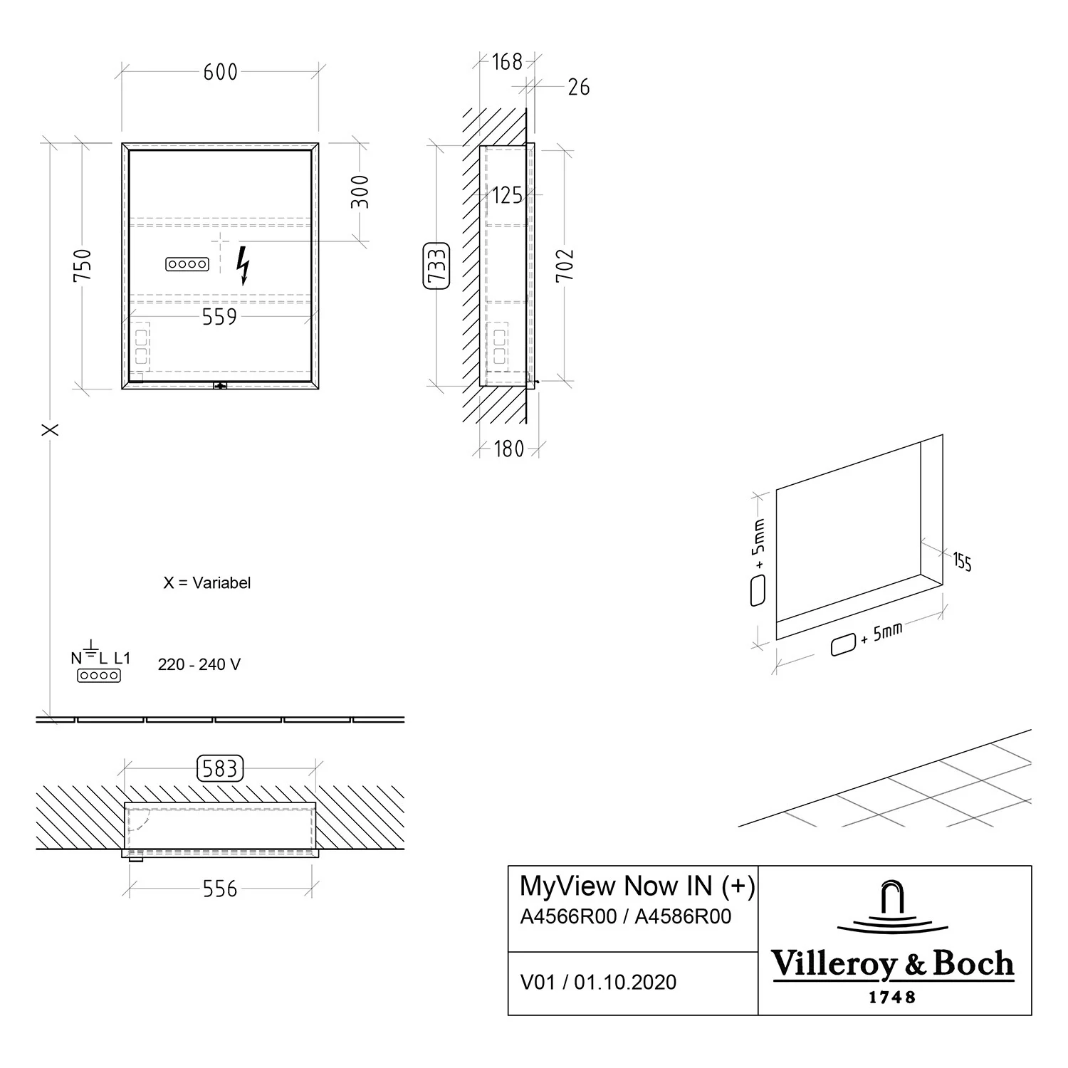 Villeroy & Boch My View Now Einbau-Spiegelschrank 60 cm, 1 Tür Anschlag rechts, mit Sensordimmer Bild 5