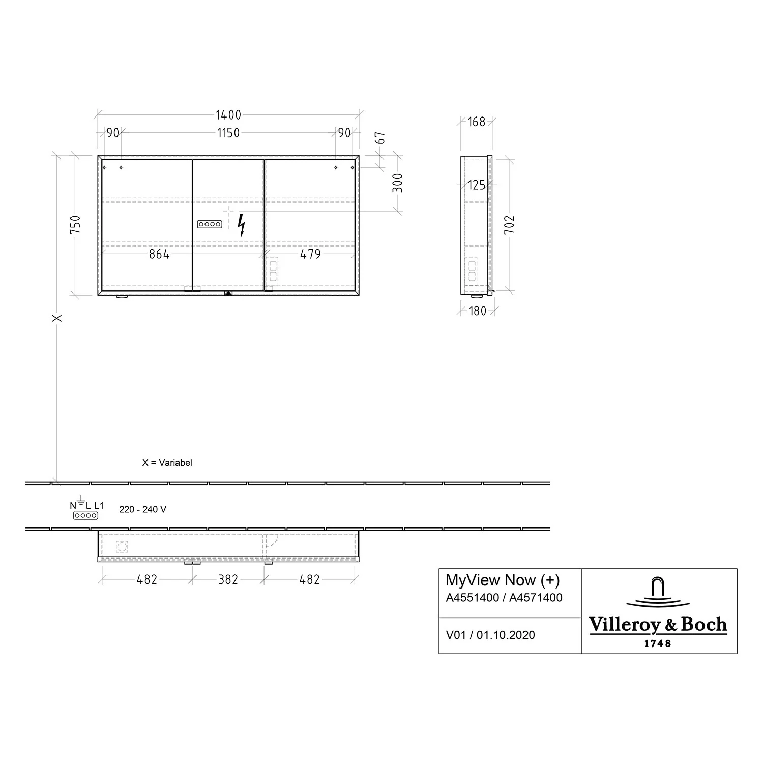 Rysunek techniczny lustra łazienkowego z wymiarami, Villeroy & Boch