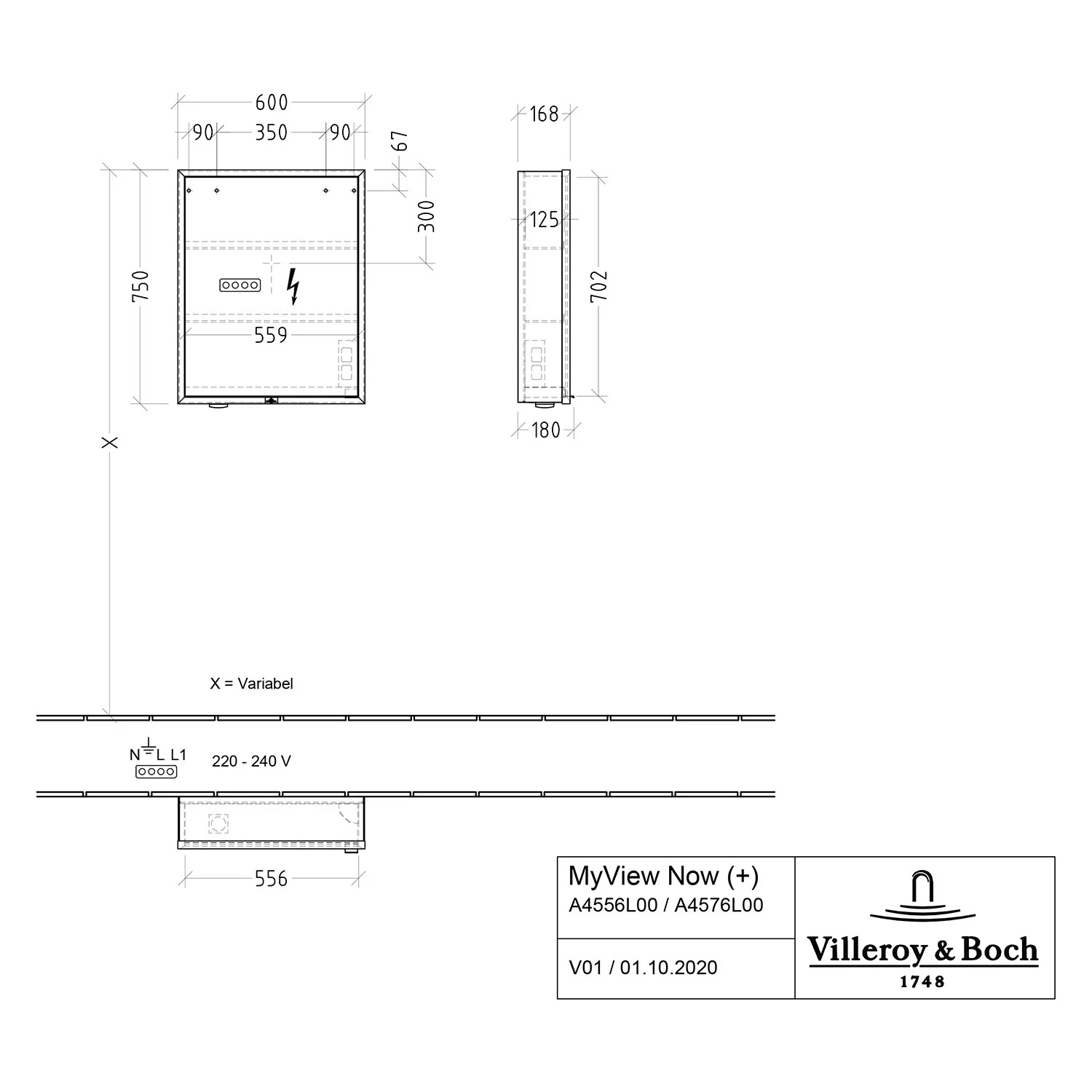 Rysunek techniczny lustra łazienkowego z wymiarami, Villeroy & Boch