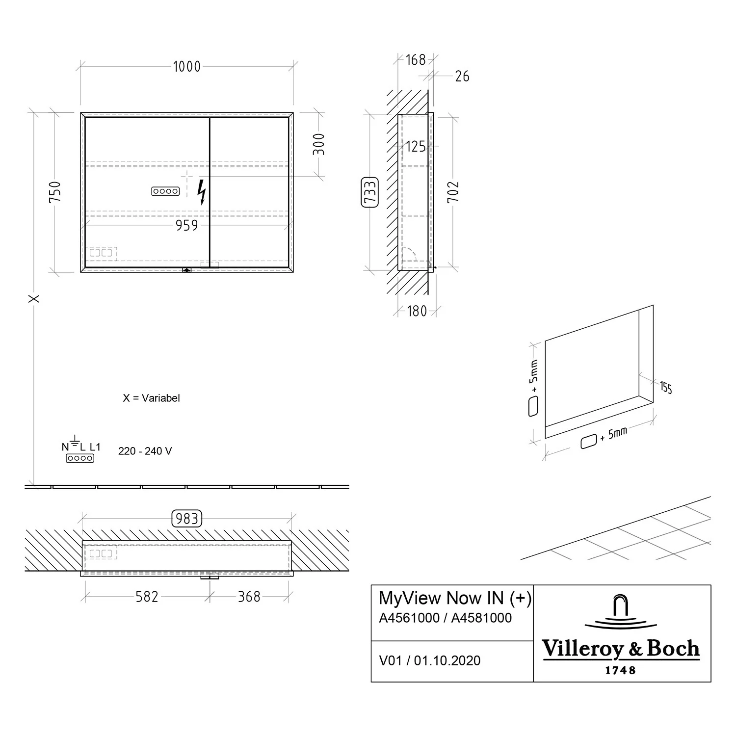 Rysunek techniczny lustra łazienkowego z wymiarami, Villeroy & Boch