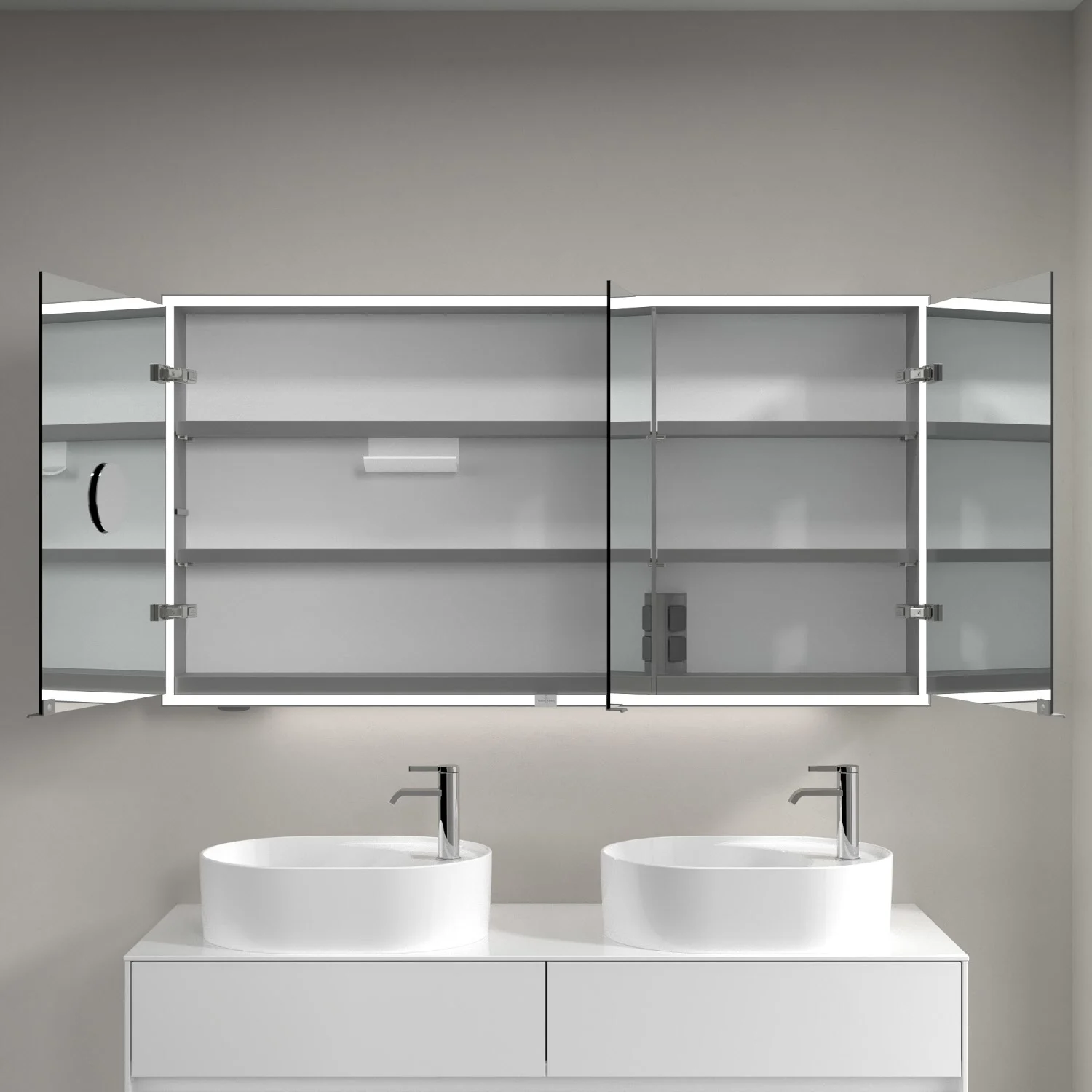 Szafka z lustrem nad podwójną umywalką w łazience, Villeroy & Boch