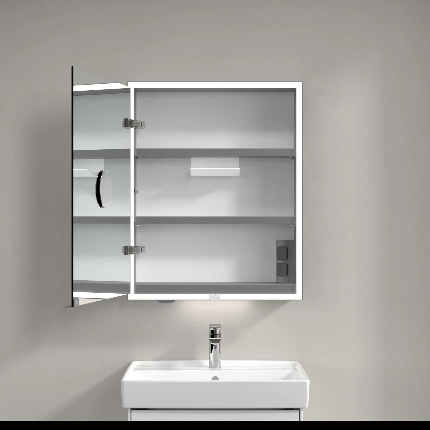Szafka z lustrem nad pojedynczą umywalką w łazience, Villeroy & Boch