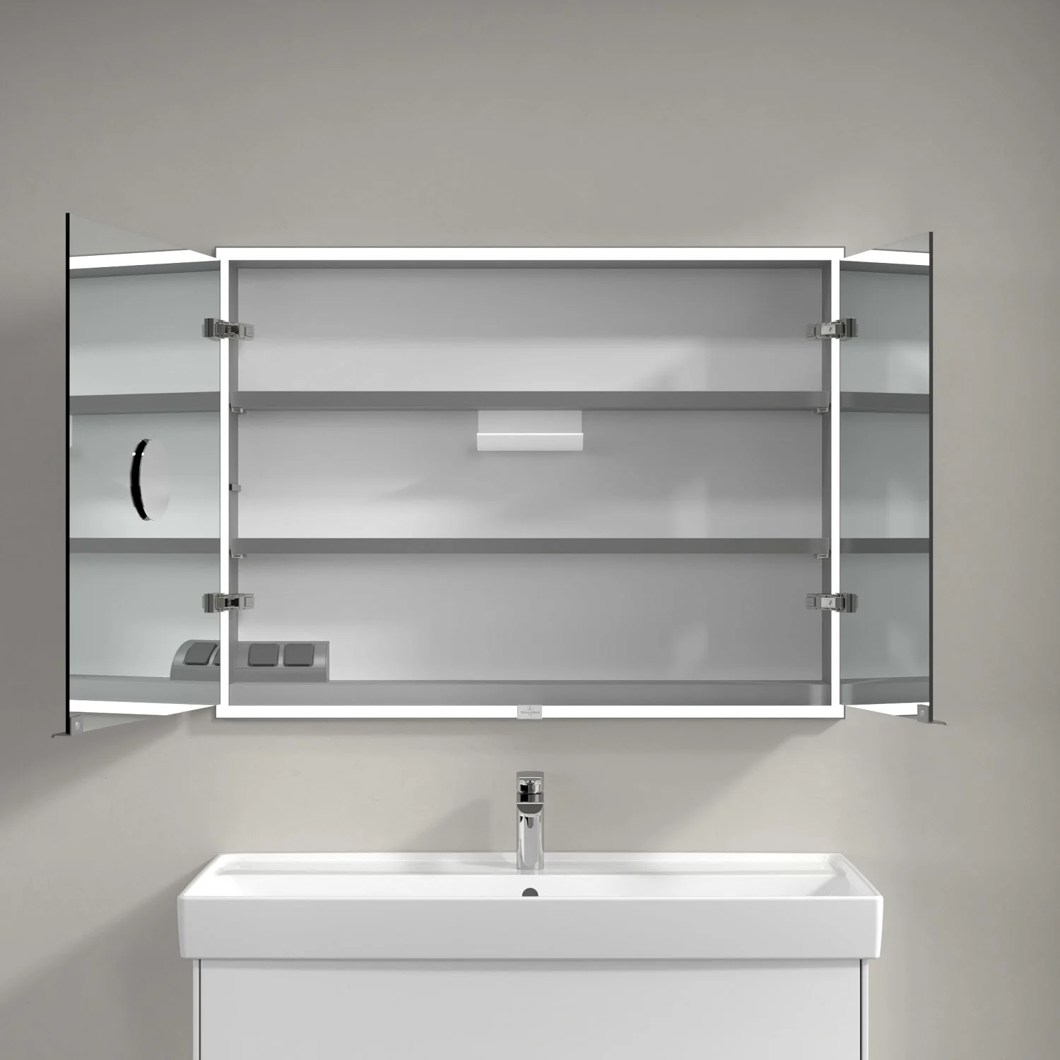 Szafka z lustrem nad pojedynczą umywalką w łazience, Villeroy & Boch